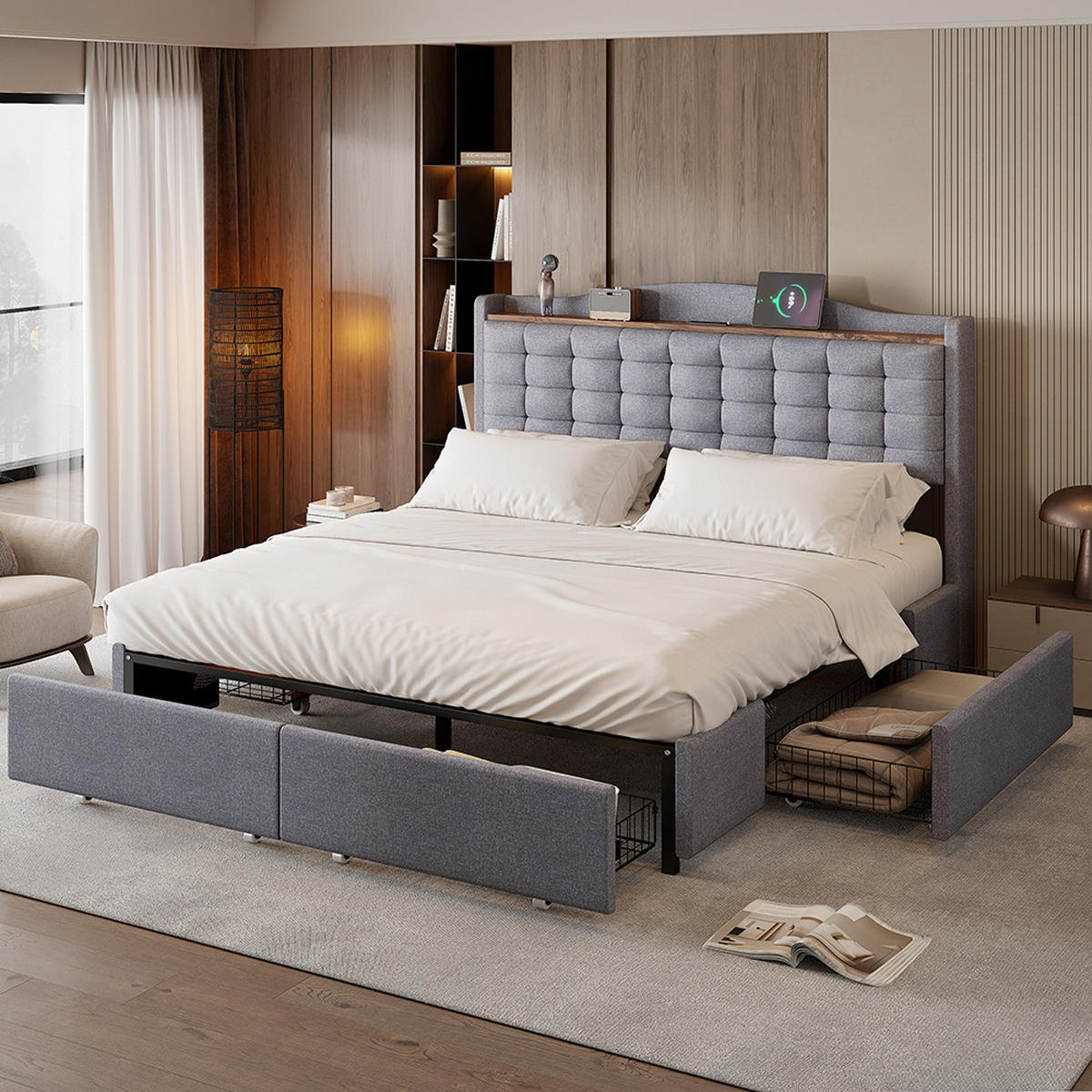 POLSTERBETT 160/200 cm in Grau Leinen mit USB-Ladeanschluss - Grau, Holz/Textil (160/200cm) - KOMHTOM