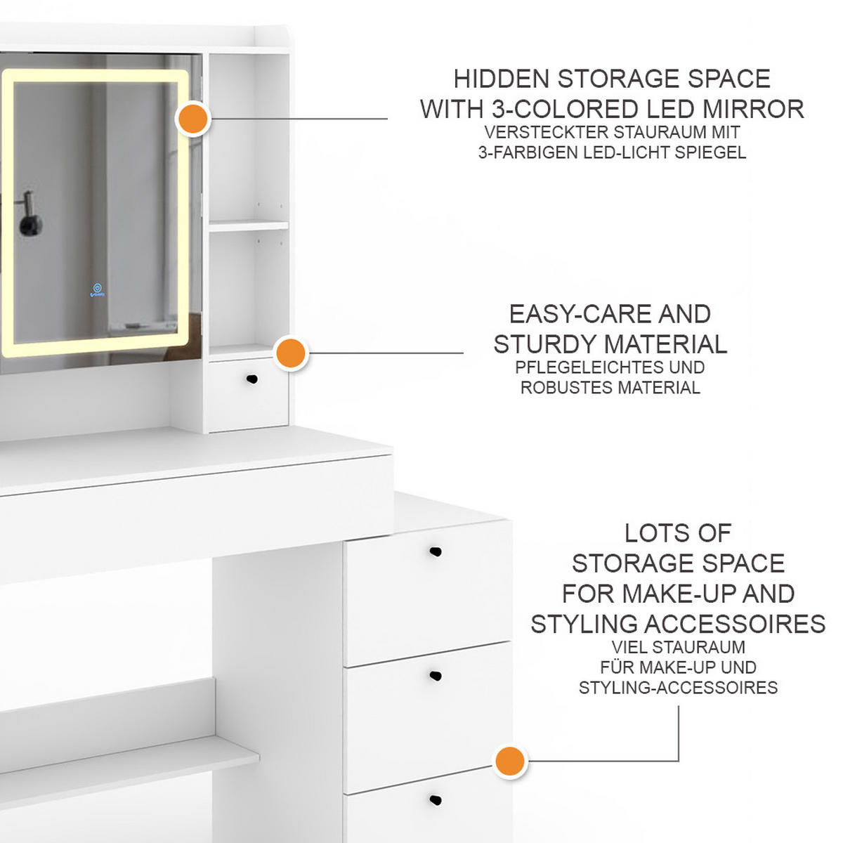 SCHMINKTISCH Livora Weiß 105.5 cm mit LED-Spiegel - Weiß, Holzwerkstoff (105.5/146.5/40cm) - Vicco