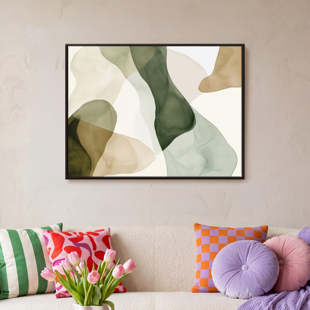 LEINWAND Bilder mit Rahmen - Japandi - Abstrakt - Grün - 70x50 - Salbeigrün, Textil (70/50cm) - MuchoWow
