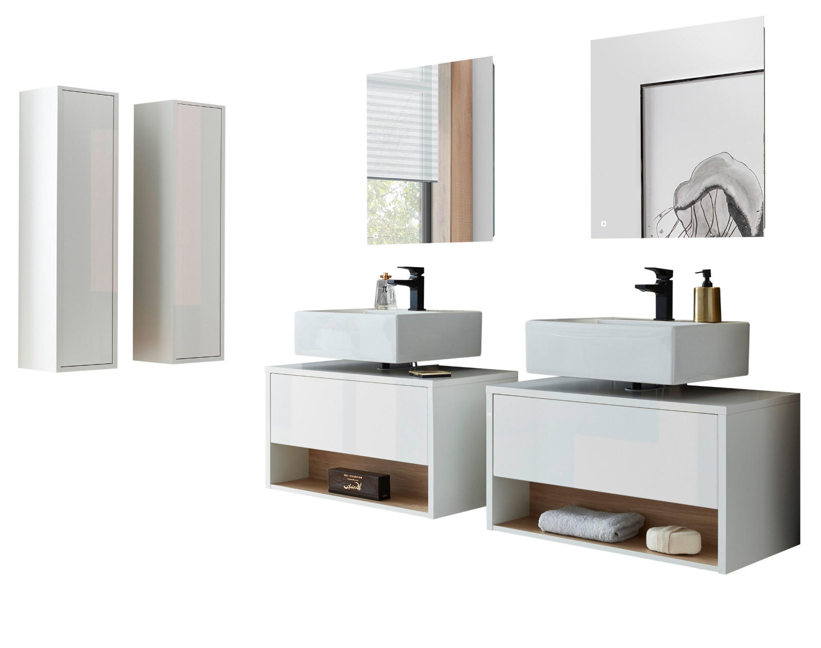 BADMÖBEL-SET 6-teilig weiß Hochglanz, Eiche, Badezimmer Komplettset mit LED Beleuchtung 250 cm - Weiß Hochglanz/Eichefarben, Glas/Holzwerkstoff (250/190/46cm) - Furn.Design