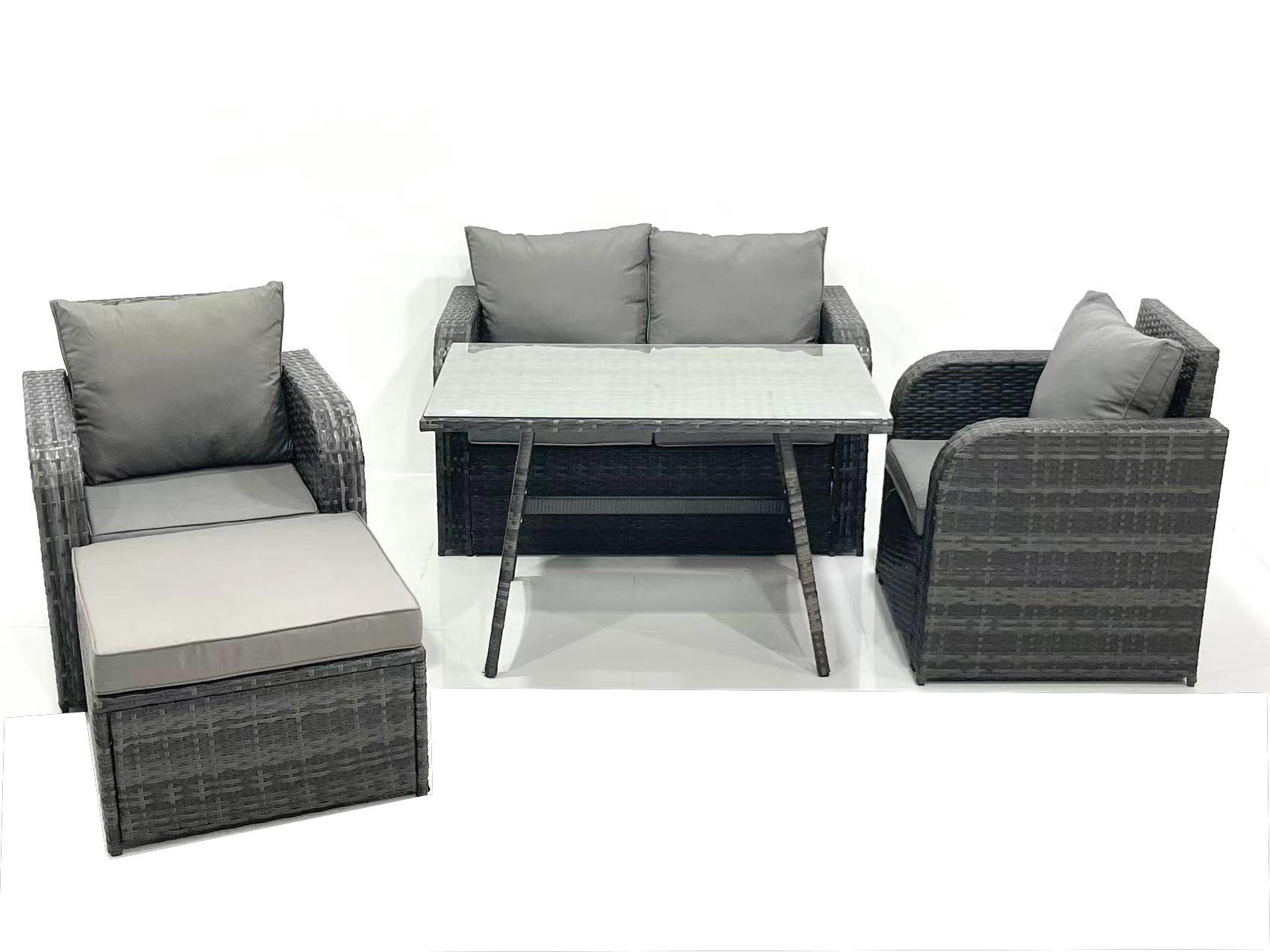 GARTENMÖBEL SET mit COUCHTISCH Polyrattan Dunkelgrau 5-Sitzer - Dunkelgrau/Grau, Glas/Kunststoff - Fimous