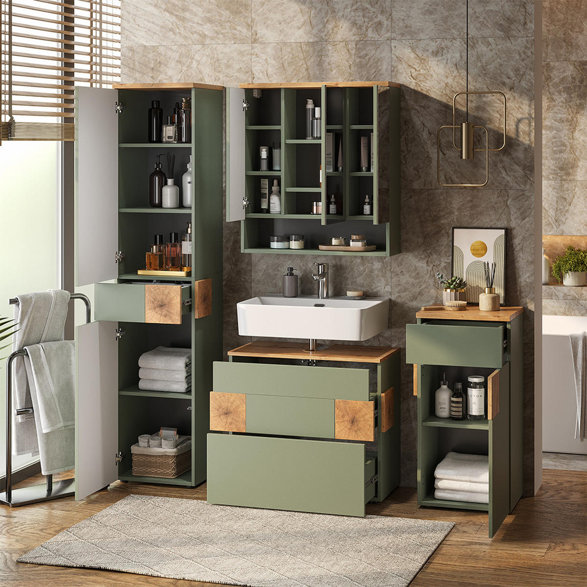 BADMÖBEL-SET Eden Grün 4 Teile - Grün, Holzwerkstoff (70/64.5/37cm) - Vicco