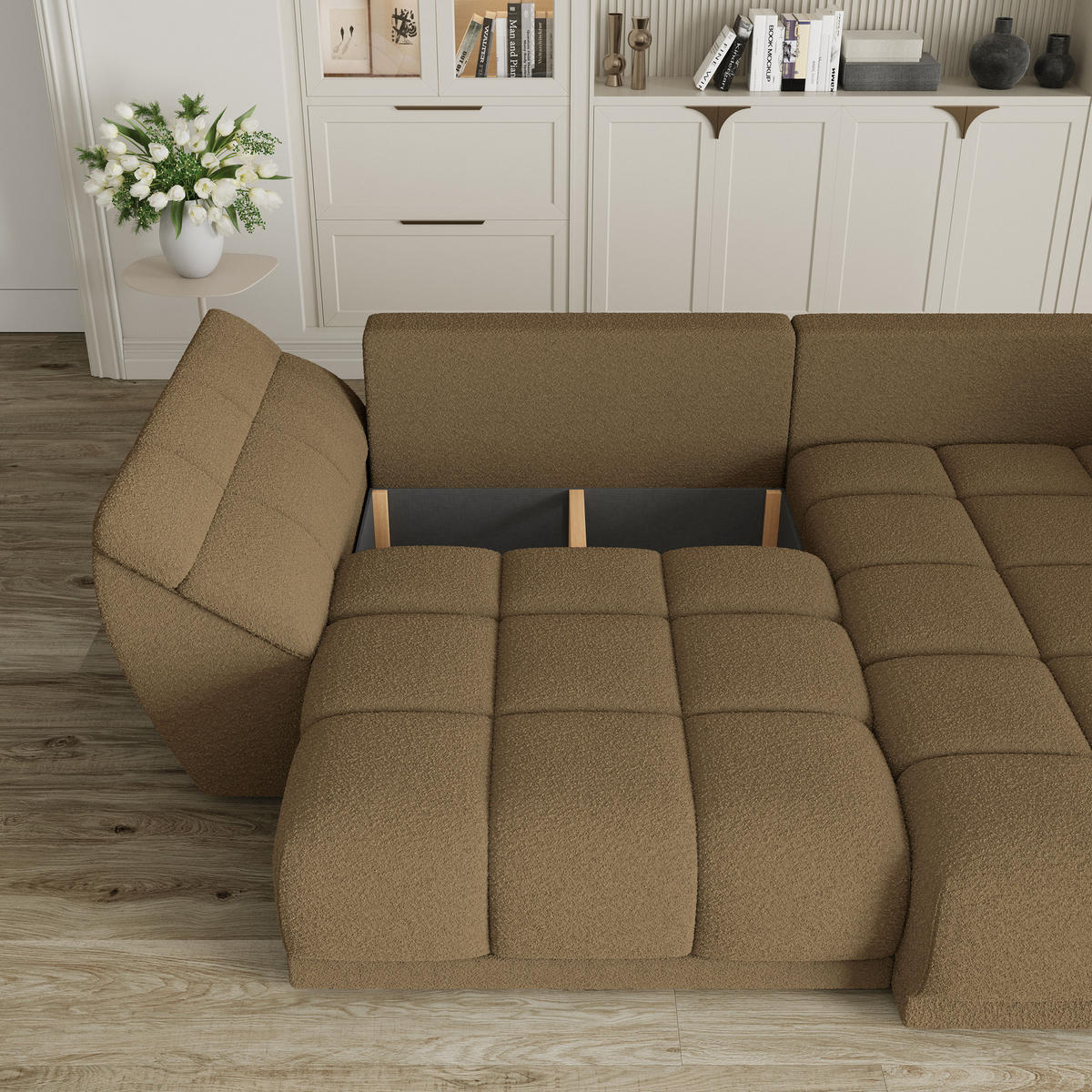 ECKSOFA ORENTI R-S Orange Boucle-Stoff mit Schlaffunktion - Orange, Holz (287/182cm) - MASSENO