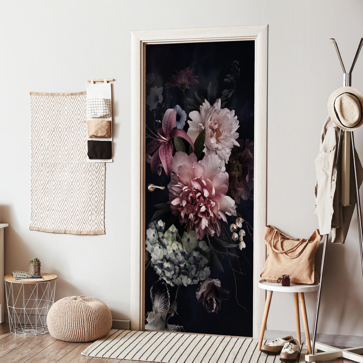 TÜRAUFKLEBER Blumen - Vintage - Pastell - Rosa - Weiß 85x215 cm - Türtapete - Altrosa, Kunststoff (85/0.1cm) - MuchoWow