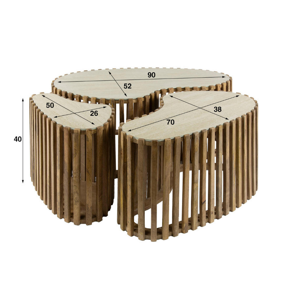 COUCHTISCH-SET LORETO ORGANIC 3-teilige Satztische mit Travertin-Keramik - Braun, Holz (52/90/40cm) - alesvelt