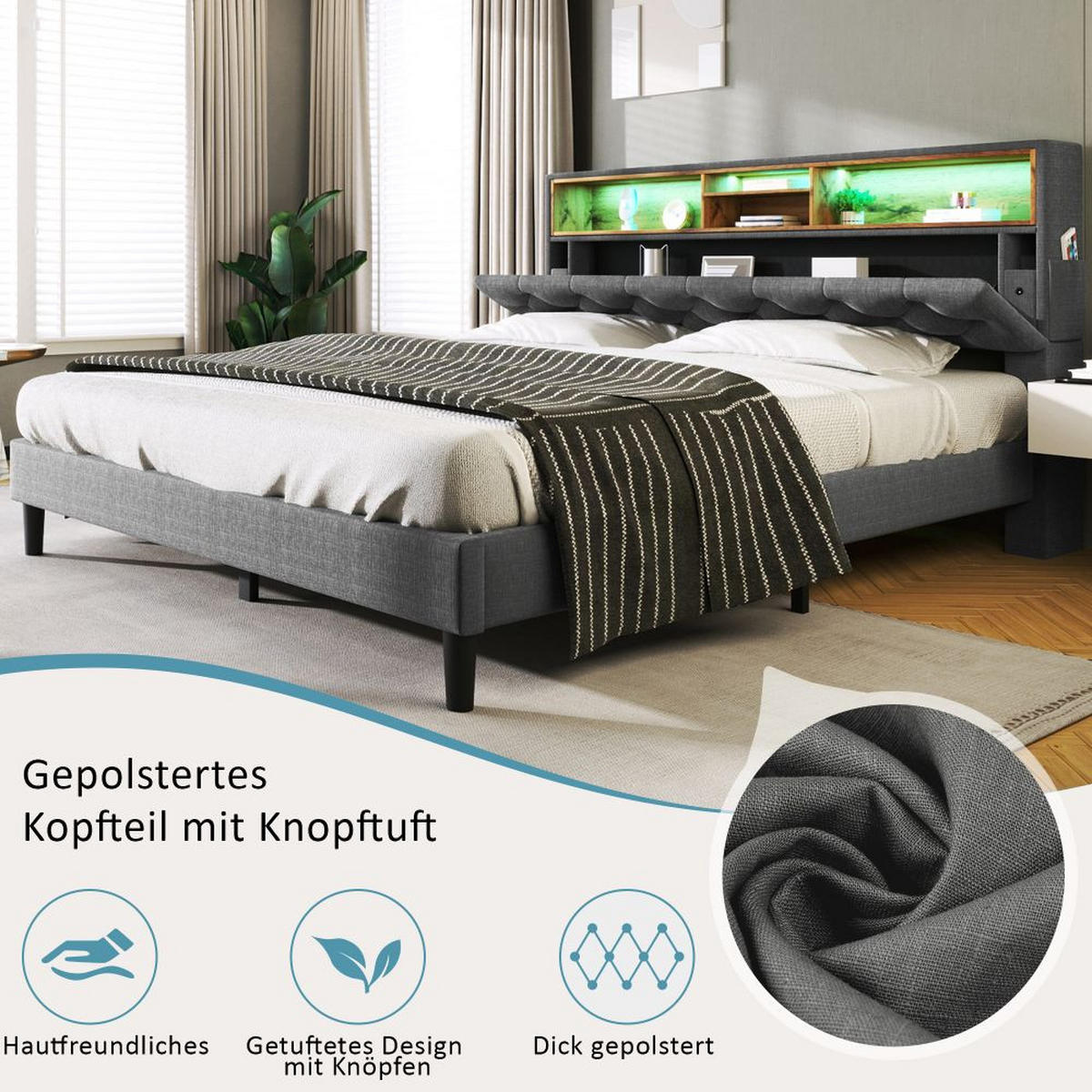 POLSTERBETT 140/200cm in Grau Leinen - Grau, Holz/Textil (140/200cm) - KOMHTOM