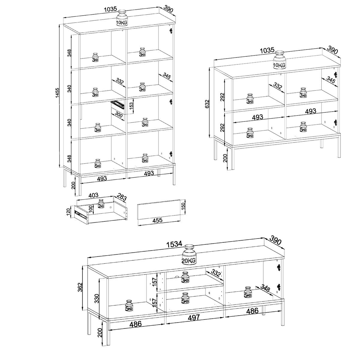 WOHNWAND Laval 2, 3-er Set, Front gefräst in 18 mm MDF Wotan Eiche, Korpus Kaschmir - Kaschmir, Glas/Holzwerkstoff (360/126/39cm) - Komodee
