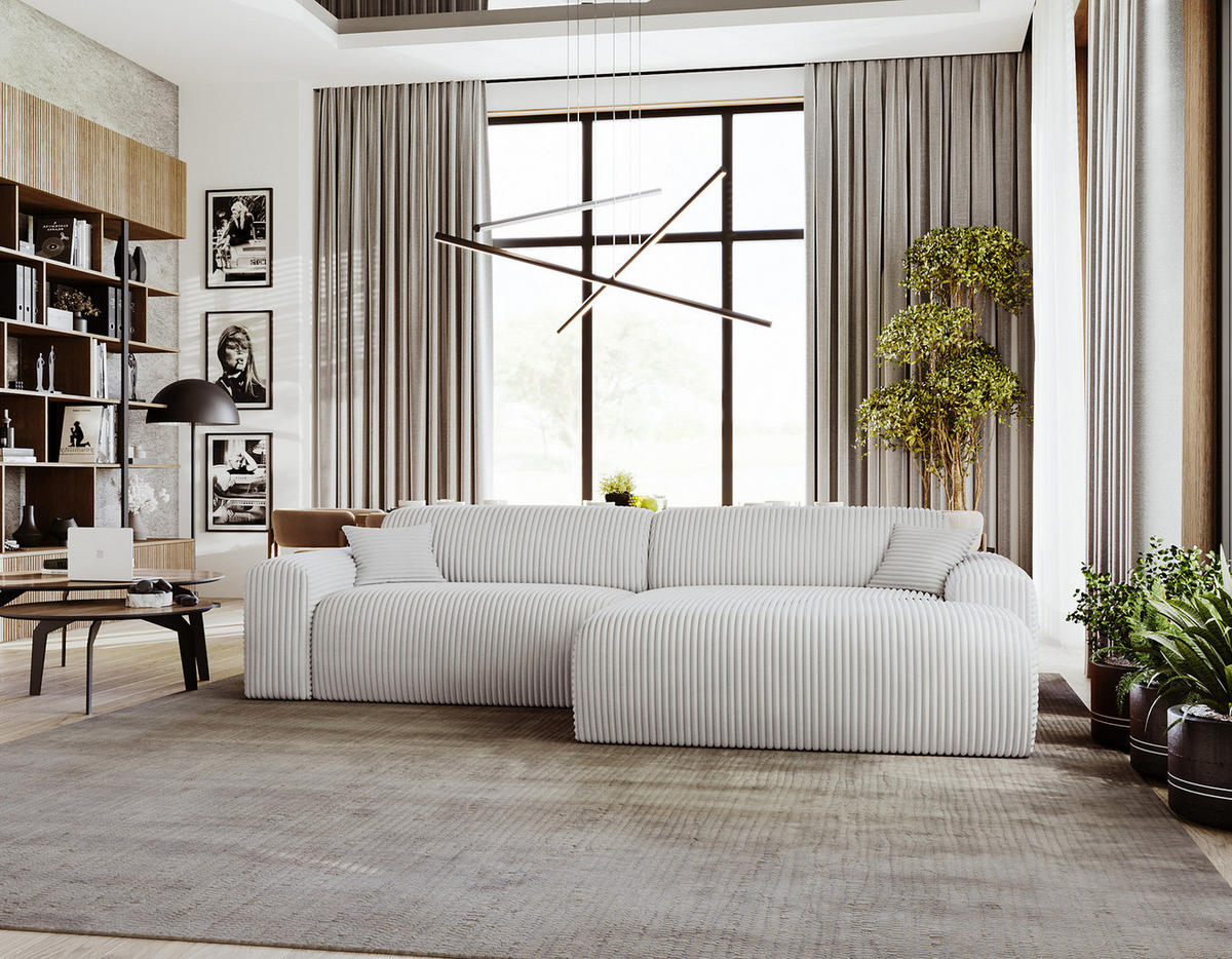 ECKSOFA mit Longchair - Cord - Hellgrau/Schwarz, Kunststoff/Textil (284/178cm) - home24