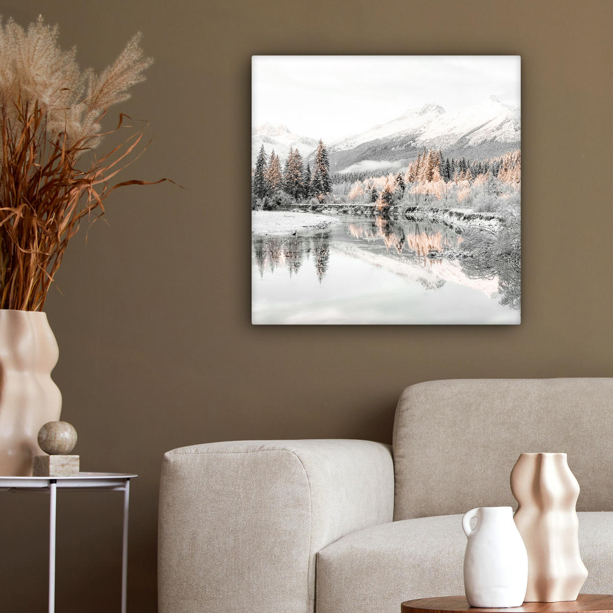 LEINWANDBILD Natur - Winter - Bäume - Berge - Schnee 50x50 cm - Weiß Hochglanz, Textil (50/50cm) - MuchoWow