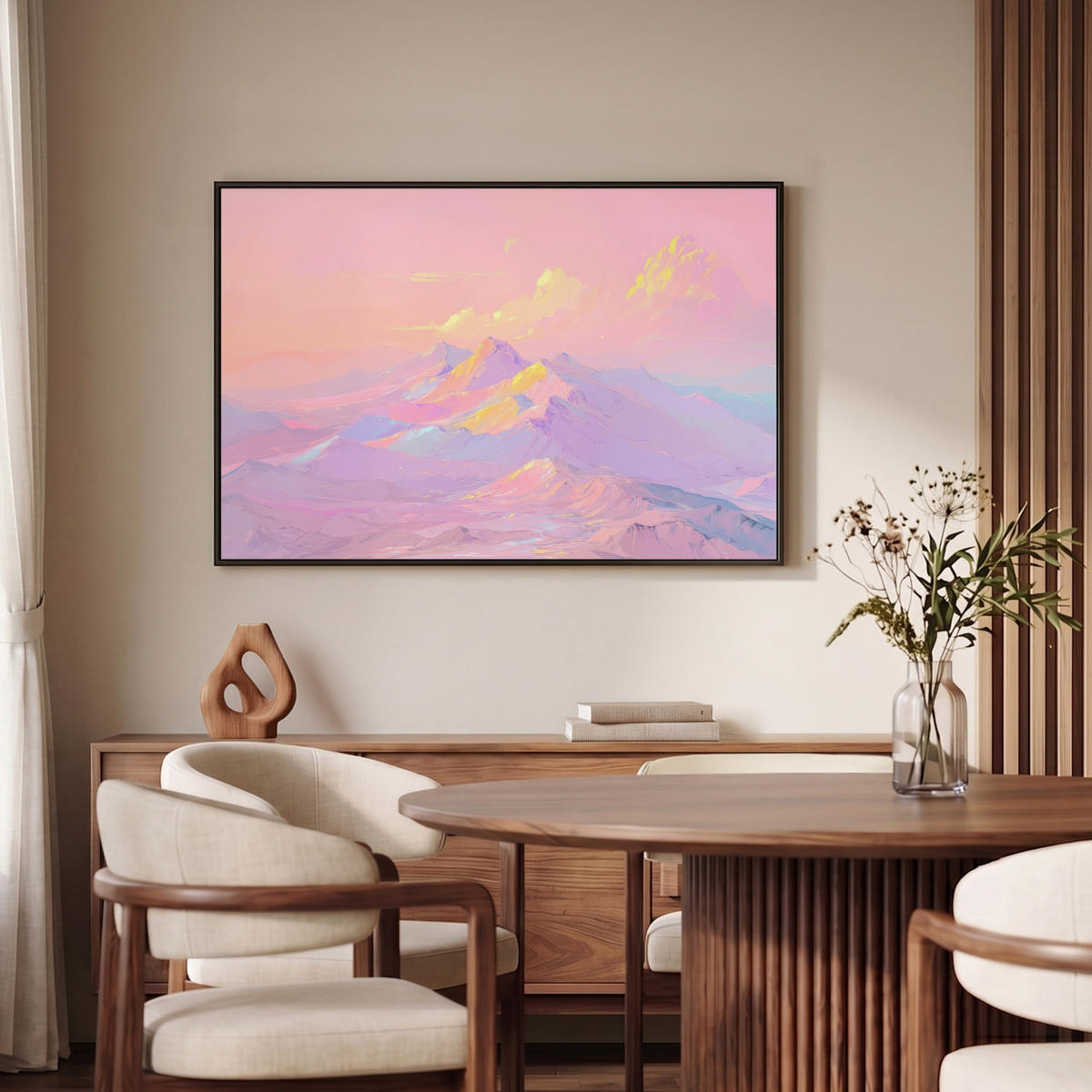 LEINWAND Bilder mit Rahmen - Berggipfel - Wolken - Verträumt - 90x60 - Hellrosa, Textil (90/60cm) - MuchoWow