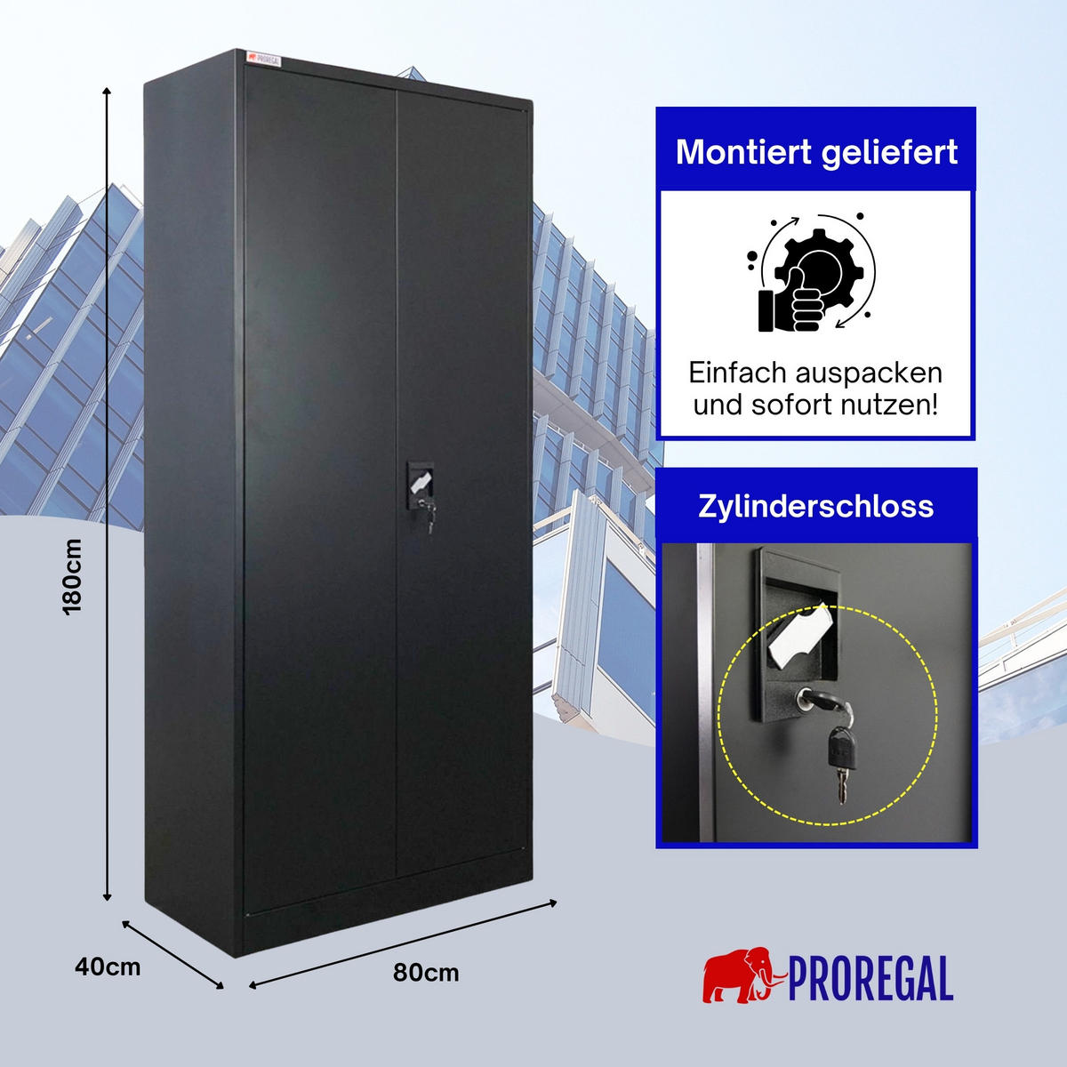 FLÜGELTÜRENSCHRANK Elephant komplett montiert 180x80x40cm 6 Fächern & Kleiderstange Schwarz - Schwarz, Metall (80/180/40cm) - PROREGAL