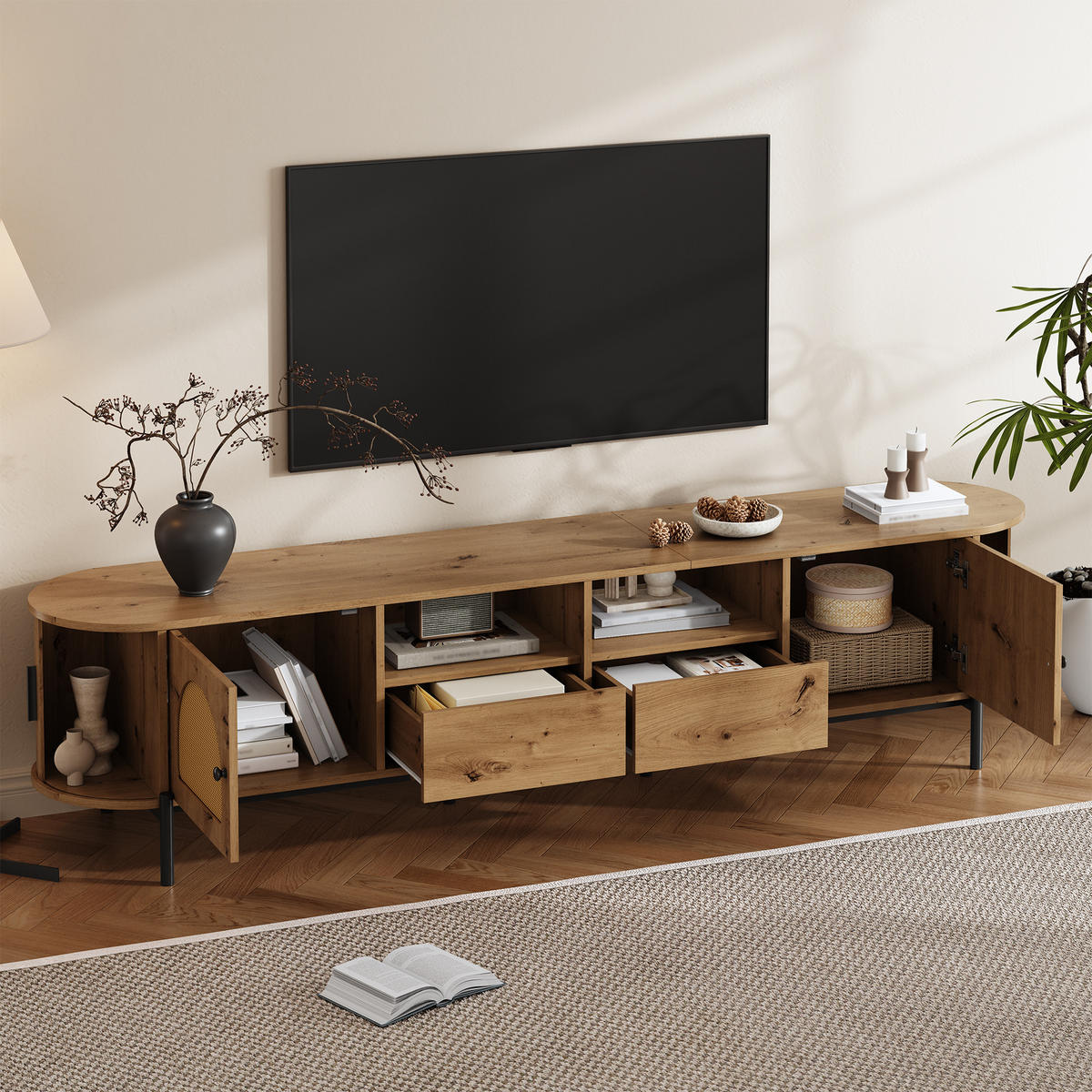 TV-SCHRANK oval Rattan Holzoptik - Naturfarben, Holzwerkstoff (200/49.5/40cm)