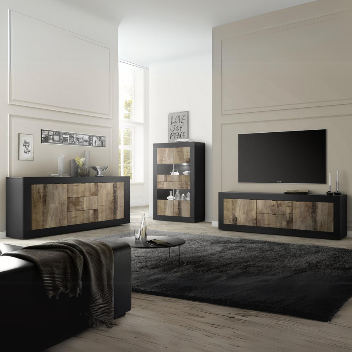 SIDEBOARD mit 2 Türen und 2 Schubladen Itinial - L210 cm - Schwarz/Braun, Holzwerkstoff (43/65/210cm) - Calicosy