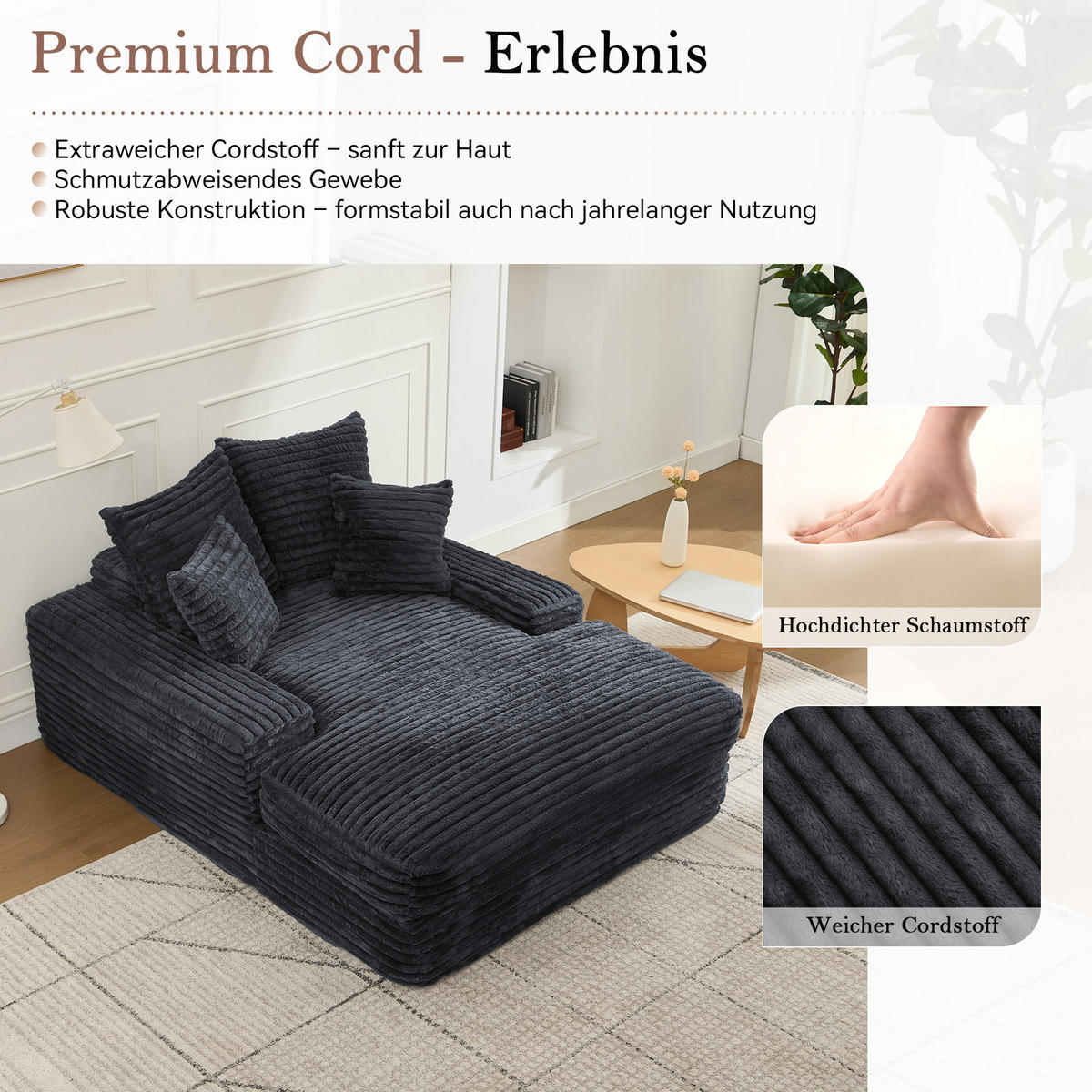 CHAISELONGUE Cordstoff 135 x 165 cm Grau mit 4 Kissen - Grau, Kunststoff (135/58/165cm) - Beauniv