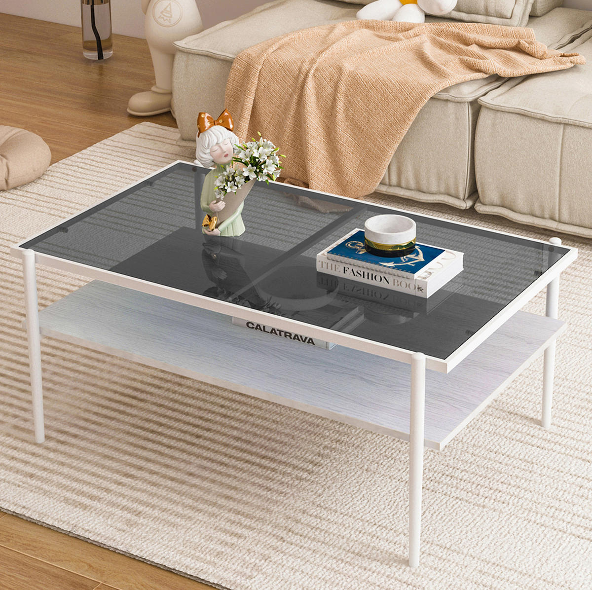 KONFERENČNÍ stolek 97,5/61,5/45 cm šedý a bílý z MDF a skla s tvrzenou deskou - bílá, sklo (97.5/61.5/45cm) - OKWISH