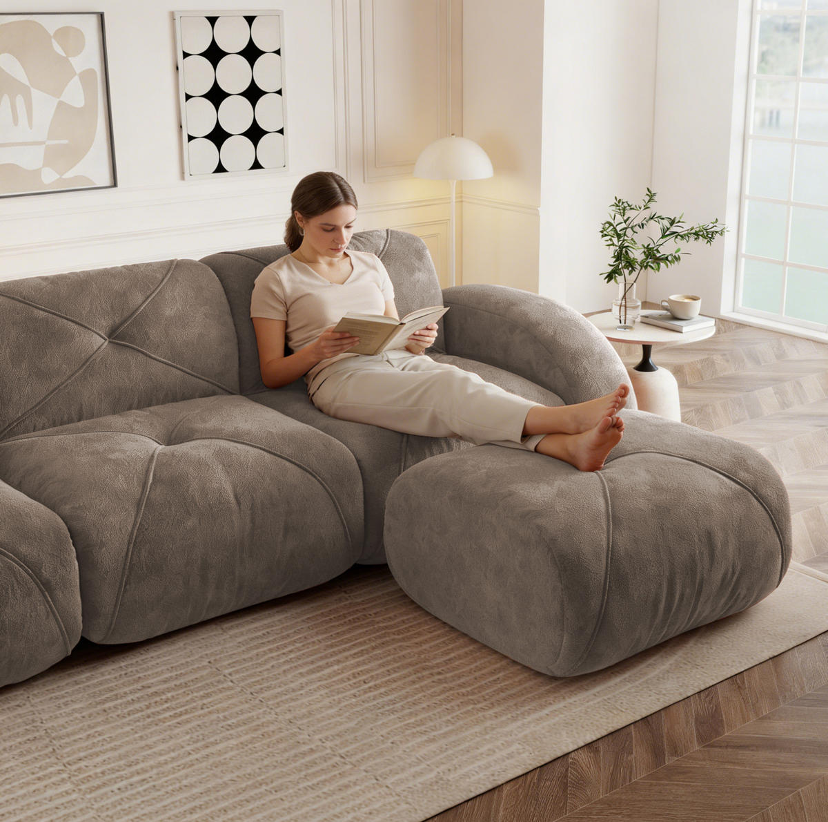 SOFA Modulares 2-Sitzer mit Hocker Chenille Braun - Braun, Kunststoff (171/204cm) - Meubliv