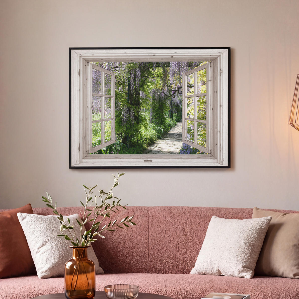 LEINWAND Bilder mit Rahmen - Blauer Regen - Blumen - Aussicht - Baum - Frühling - 80x60 - Grün, Textil (80/60cm) - MuchoWow