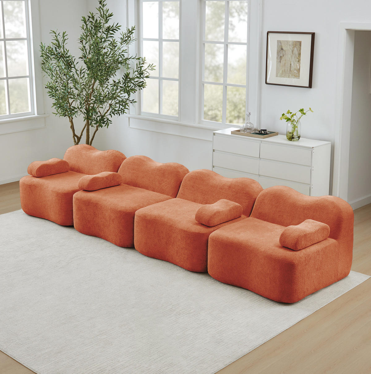 MODULARES 4-Sitzer Sofa aus Samt mit tiefer Sitzfläche Orange - Orange, Textil (98/70/384cm) - Modenvie