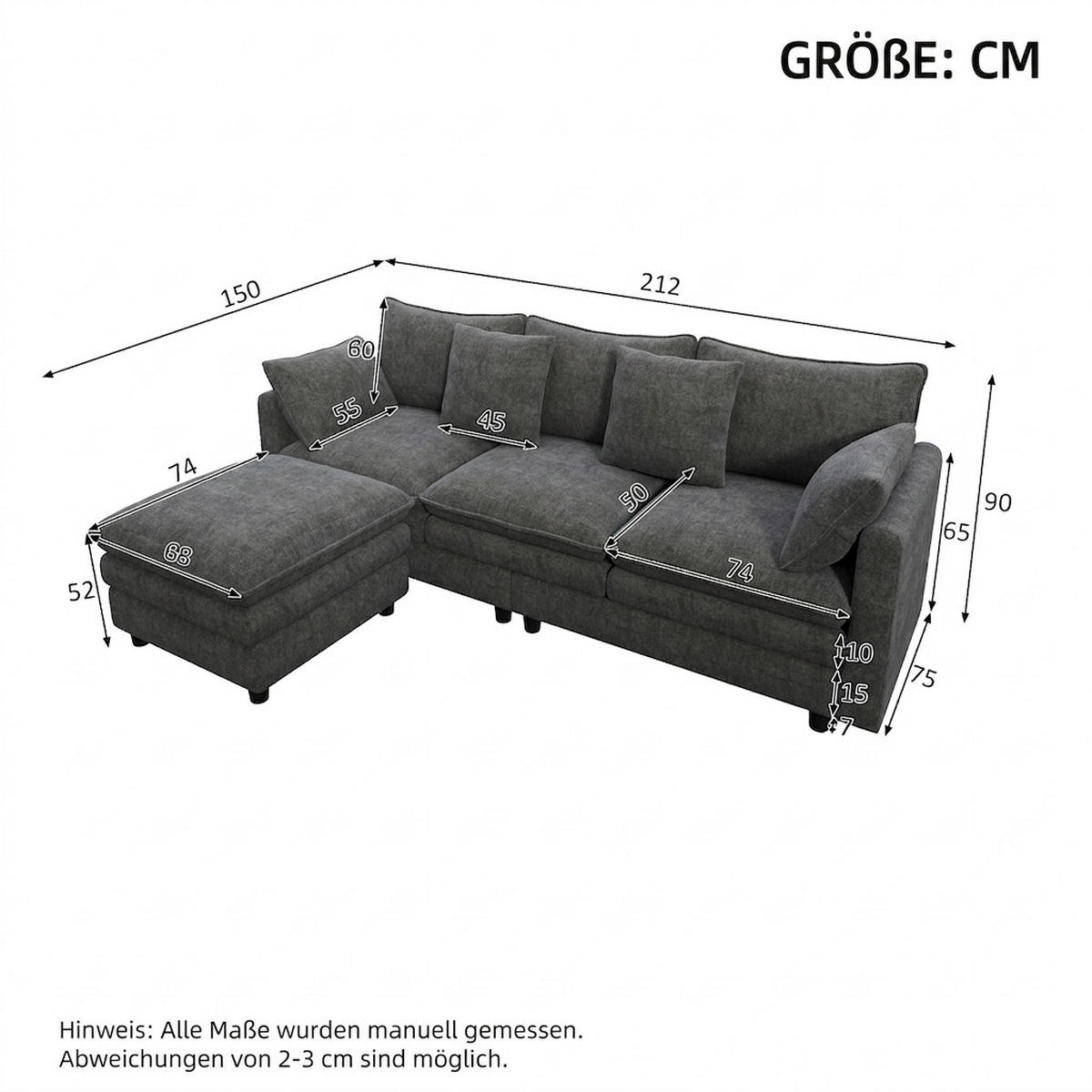 ECKSOFA 212/150/90 cm Grau mit 4 Zierkissen und 3 Rückenlehnen - Grau, Textil (212/150cm) - Oxeza