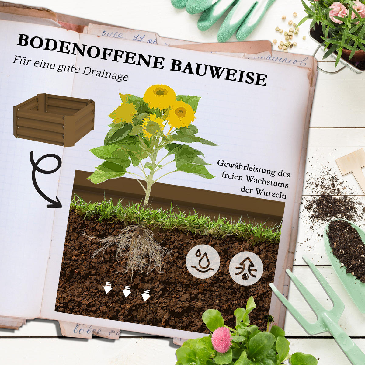 HOCHBEET mit Rankhilfe mit offenem Boden für Garten - Braun, Metall (61/140/61cm) - Outsunny