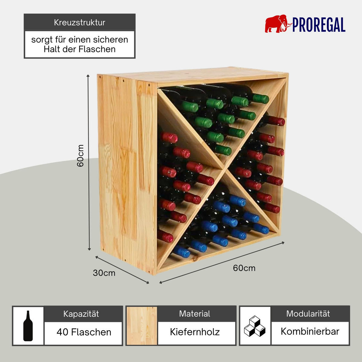 WEINREGAL Vincellar Mod 60x60x30 cm Kreuz Modul Für 40 Flaschen Massives Kiefernholz Natur - Naturfarben, Holz (60/60/30cm) - PROREGAL