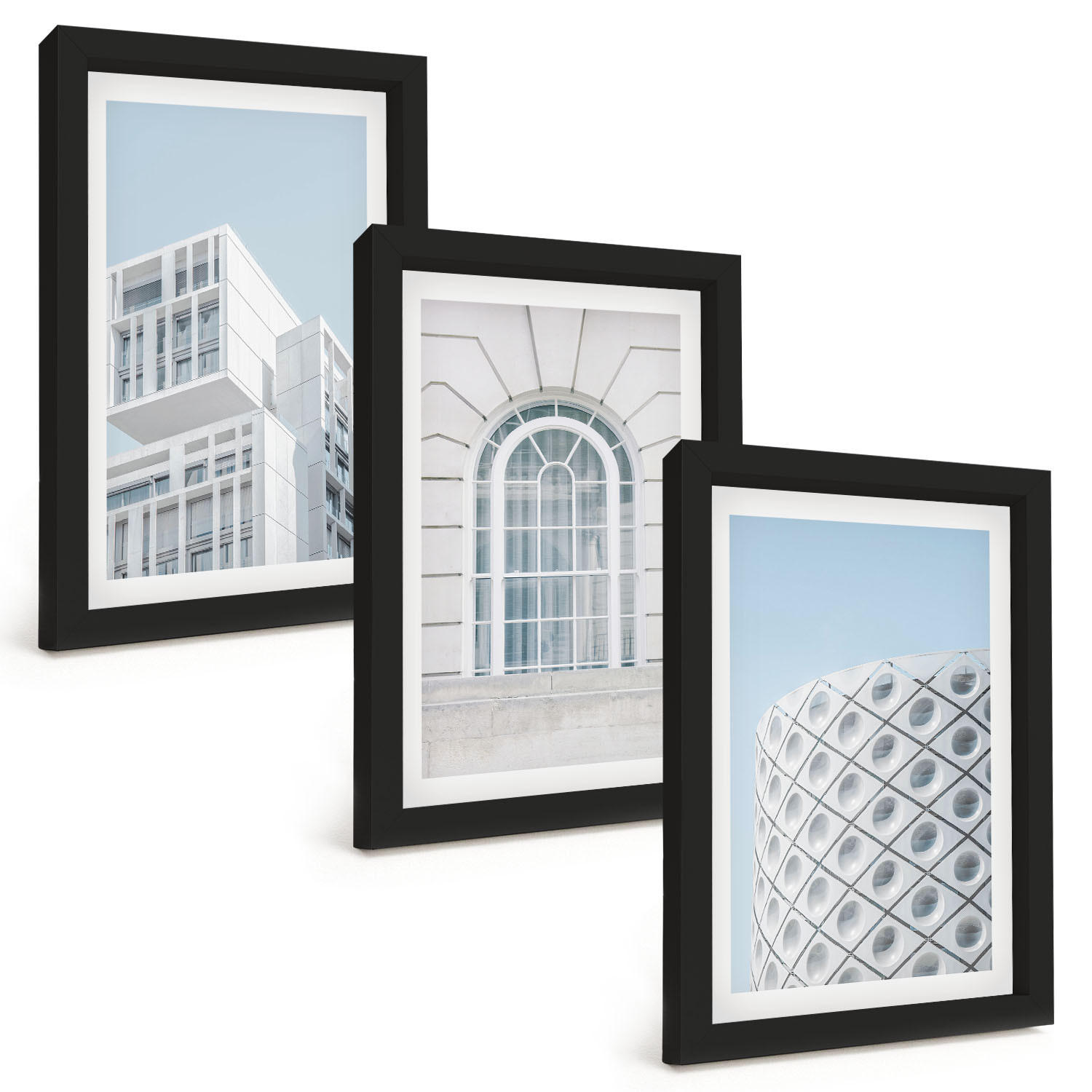 BILDER SET 3er Set - 20x30 cm Schwarzer Rahmen - Moderne Architekturgeometrie - Schwarz, Kunststoff (20/30cm) - TULUP