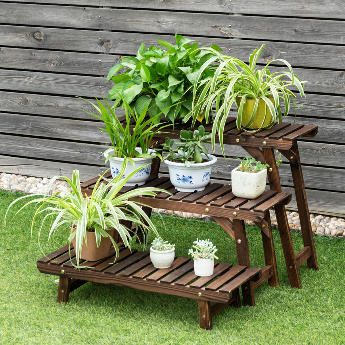 BLUMENREGAL Natürlich - Naturfarben, Holz (27/53/70cm) - COSTWAY