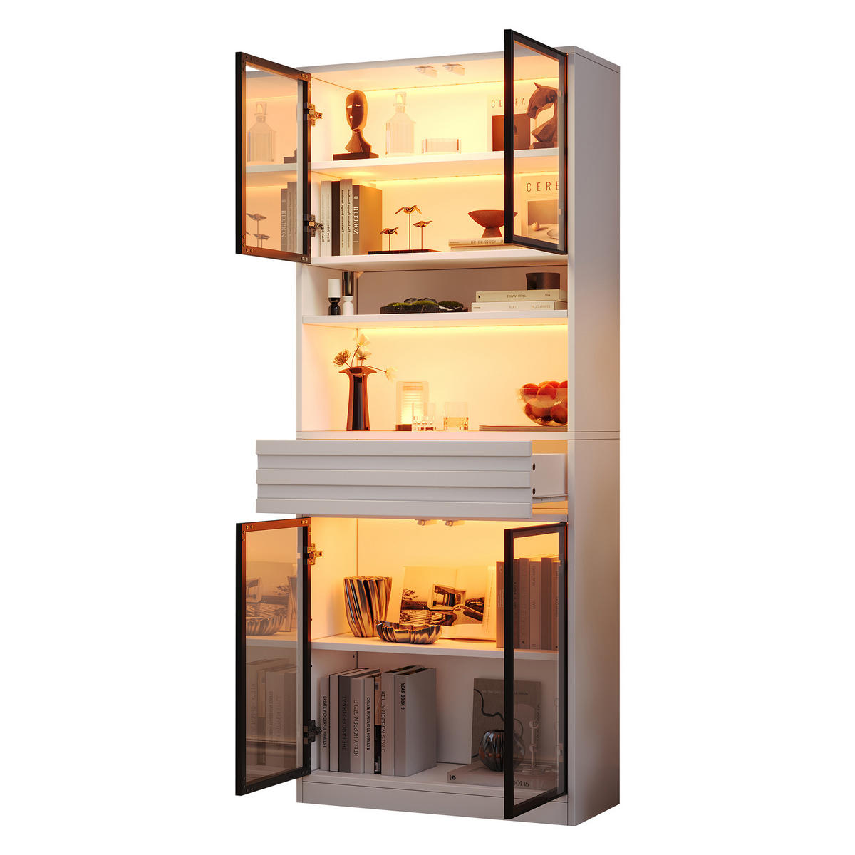 VITRINE 80x35x200 cm Weiß mit RGB LED und 4 Glastüren - Weiß, Holzwerkstoff (80/200/35cm) - FLIEKS