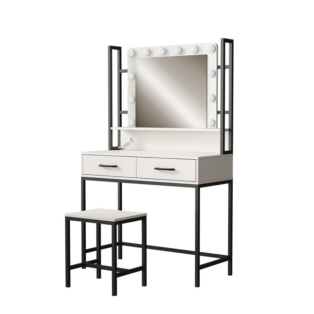 SCHMINKTISCH Luvia Weiß 90 cm mit LED-Beleuchtung und Hocker - Schwarz/Weiß, Holzwerkstoff (90/146/40cm) - Vicco