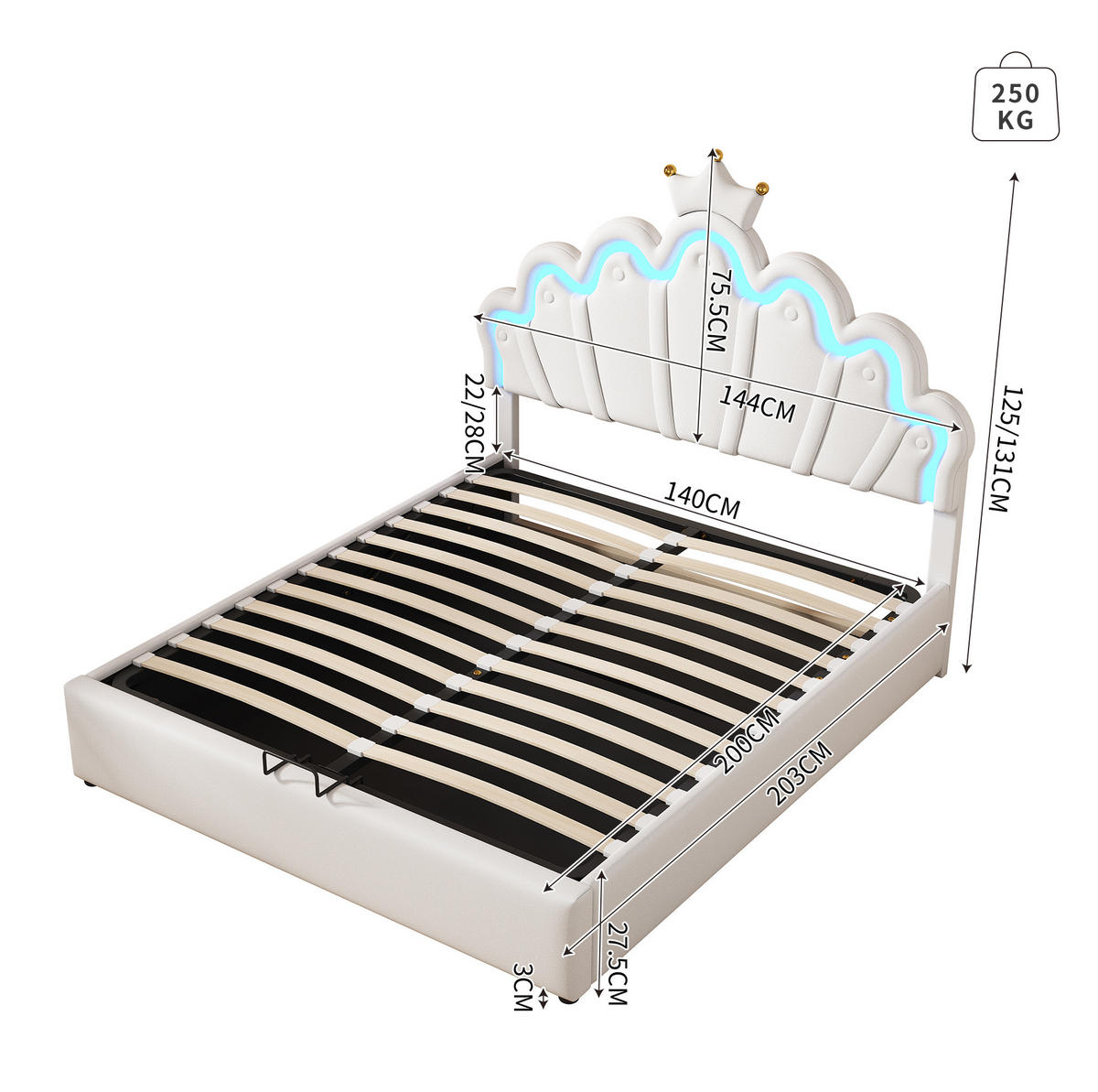 TAPECIRANI krevet 140/200 cm bijeli od PU umjetne kože s LED rasvjetom i spremištem - bijela, plastika (140/200cm) - OKWISH