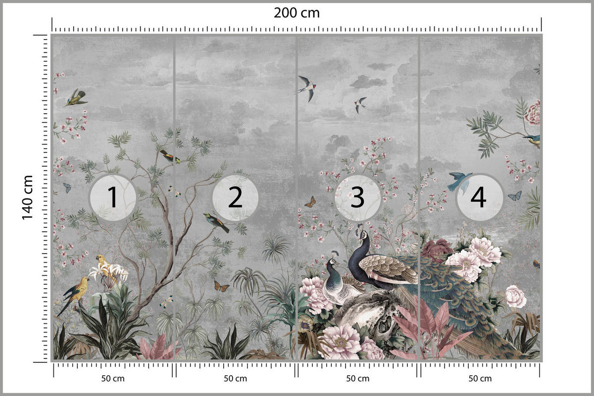 FOTOTAPETE für Büro Pfauen Vögel Pflanzen Bäume Tropische Blumen 200x140 - Multicolor, Papier (200/140cm) - Muralo