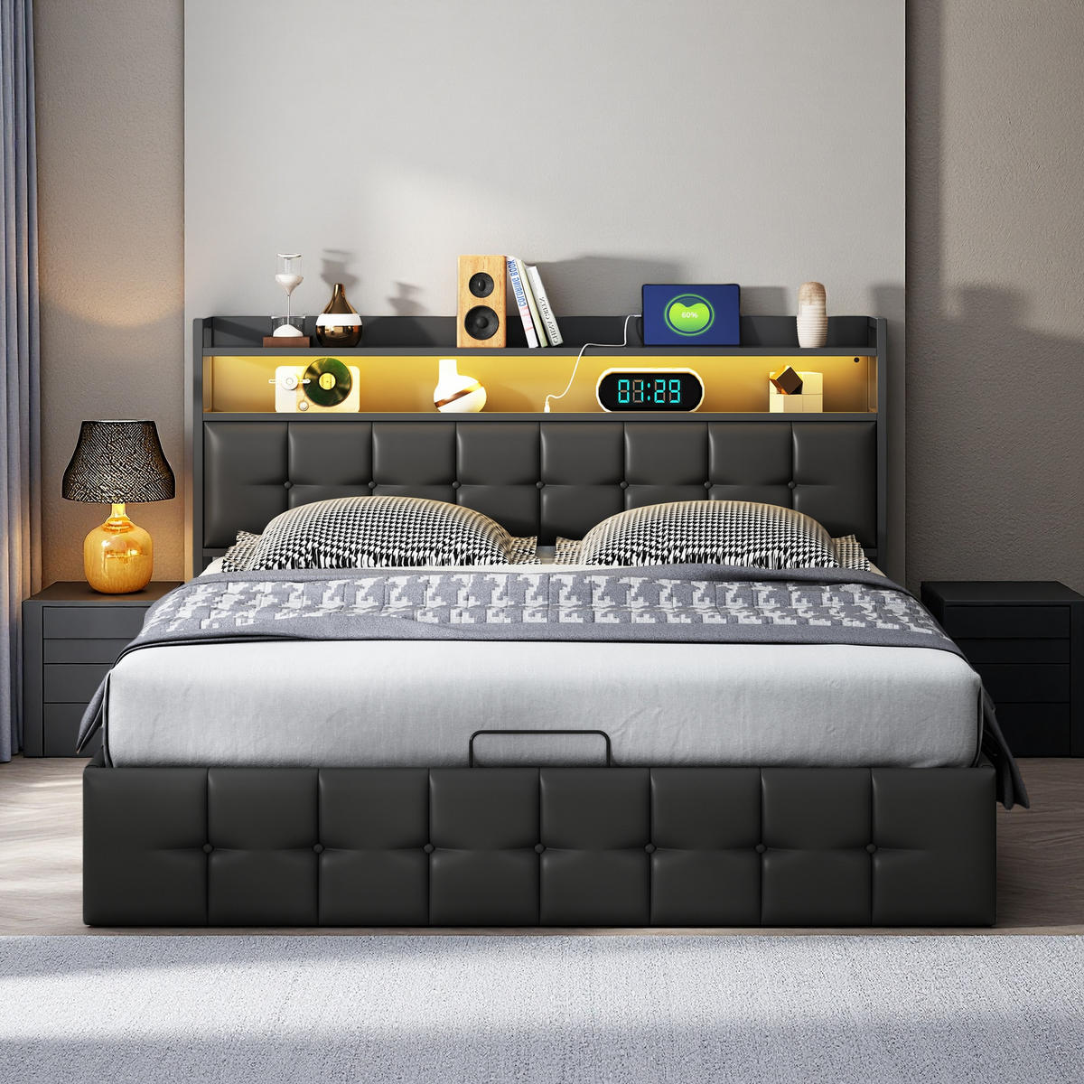 POLSTERBETT 160x200 cm LED Kopfteil Lattenrost PU Leder schwarz - Schwarz, Holz (160/200cm) - Fortuna Lai