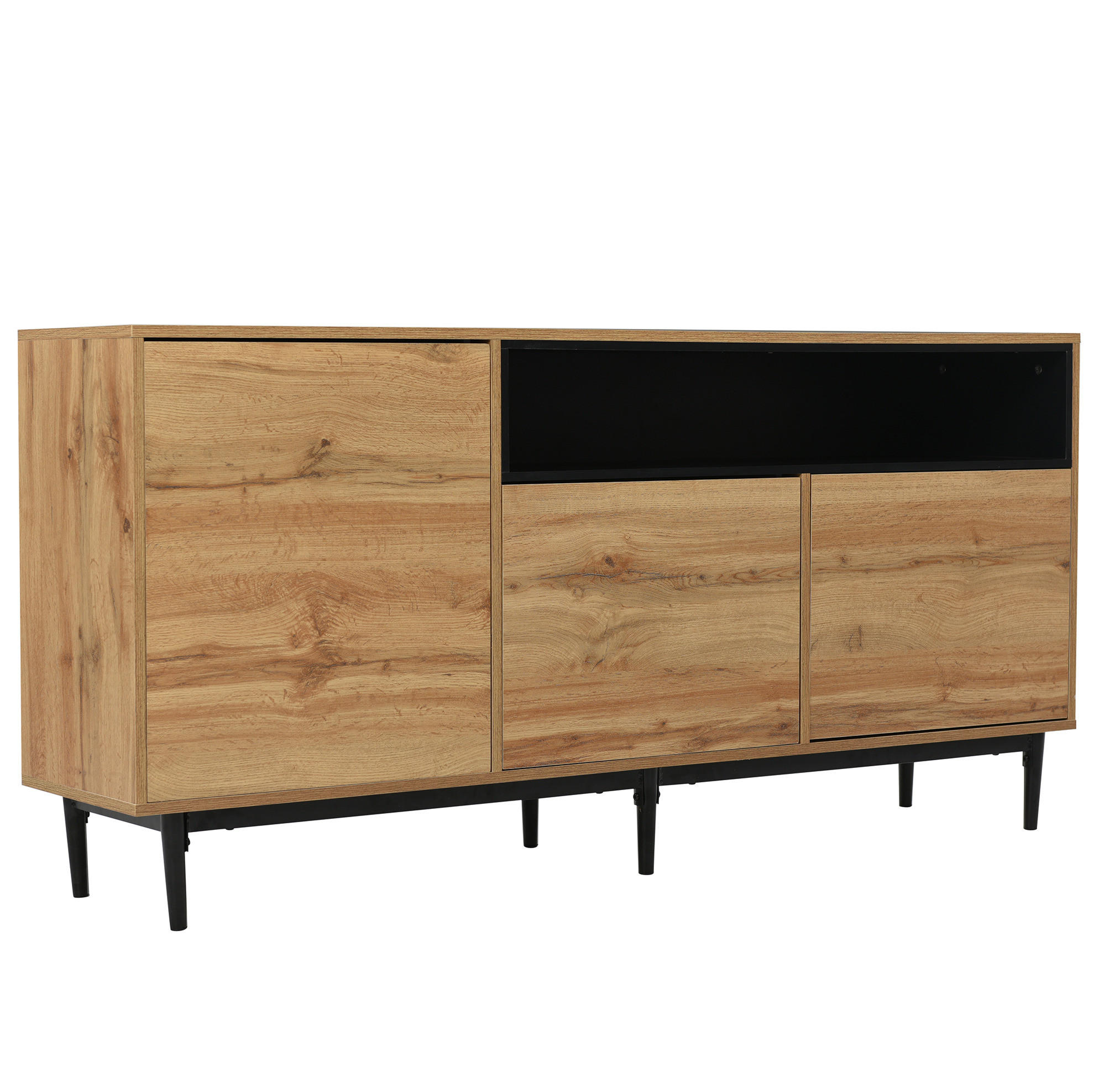 Modfu KOMODA z MDF 160x35x76 cm černá/přírodní dřevo se 3 dvířky a nastavitelnými policemi, úsporné řešení