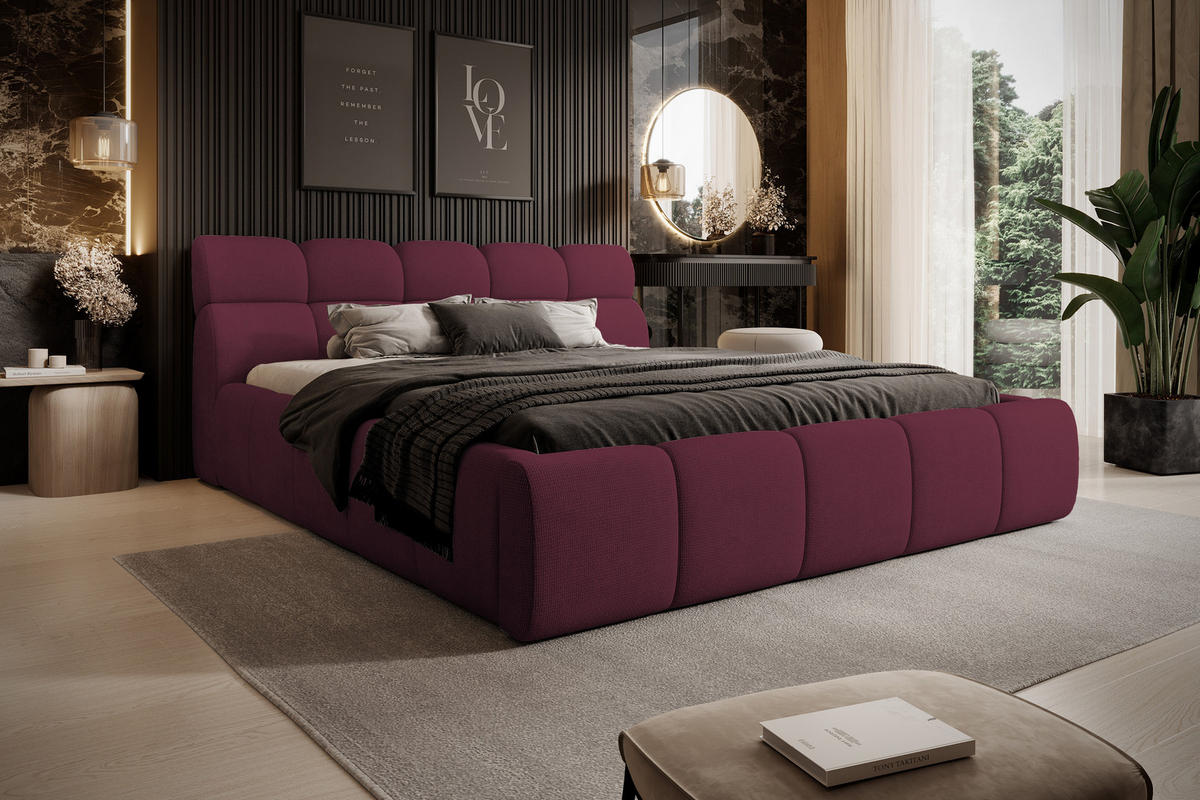 POLSTERBETT GIULIA, komfortabel, mit Bettkasten, verstellbarem Kopfteil und LED, 160x200x96 cm, Farbe Kastanie - Bordeaux/Schwarz, Holzwerkstoff/Kunststoff (160/200cm) - DomoHome