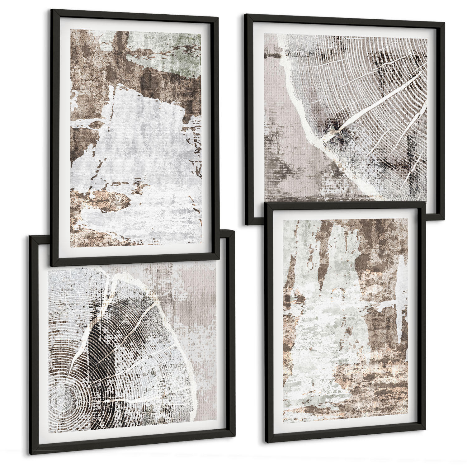 BILDER SET 4er Set - 50x50 cm & 40x60 cm Schwarzer Rahmen - Abstrakte Muster, weiß, braun - Schwarz, Kunststoff (50/50cm) - TULUP