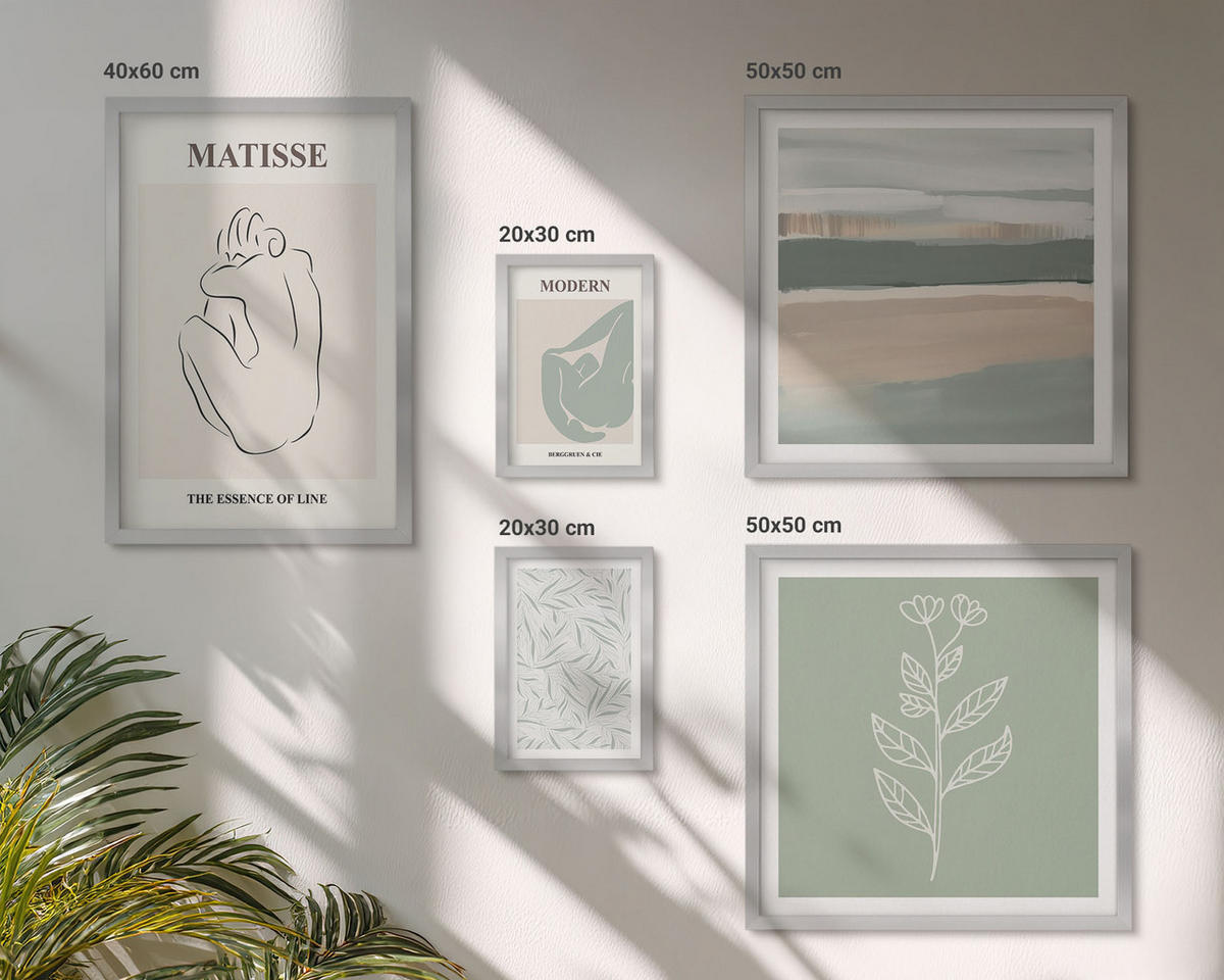 WANDBILDER 5er Set - 50x50 cm & 20x30 cm & 40x60 cm Silberner Rahmen - Abstrakte Pflanzenformen - Silberfarben, Kunststoff (40/60cm) - ArtPrintCave
