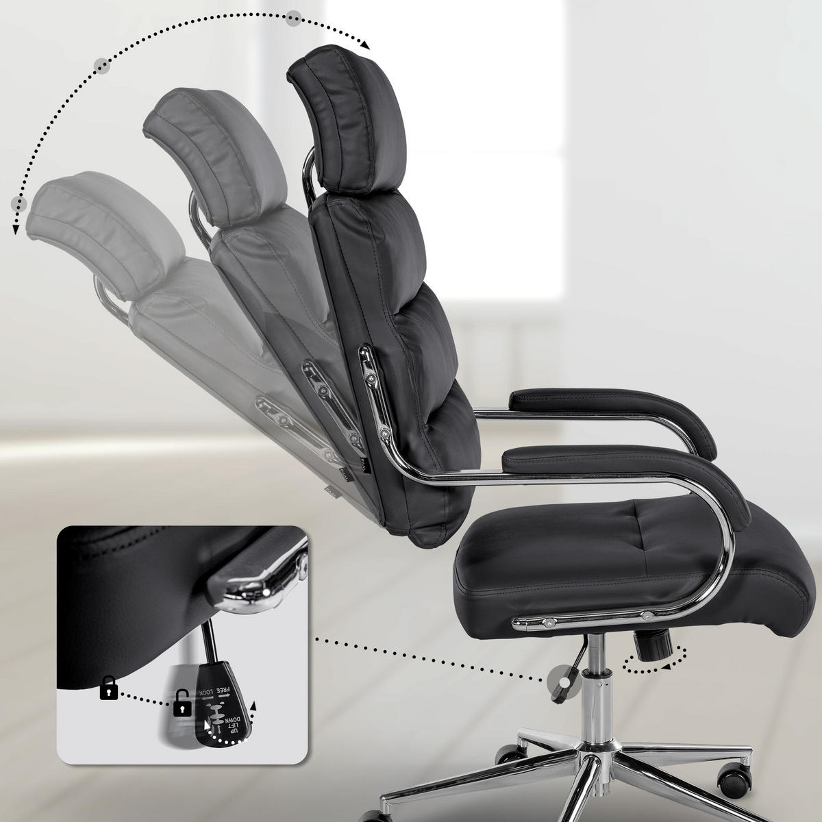 DREHSTUHL Lederlook Schwarz - Chromfarben/Schwarz, Textil/Metall (61/119/78cm) - CLP