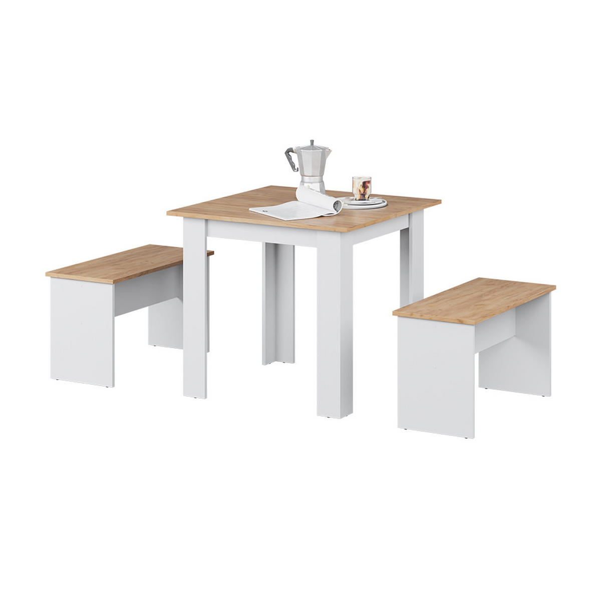 ESSTISCH SET Sentio Weiß/Goldkraft Eiche 80 x 80 cm mit 2 Bänken - Honigeiche/Weiß, Holzwerkstoff (80/73/80cm) - Vicco