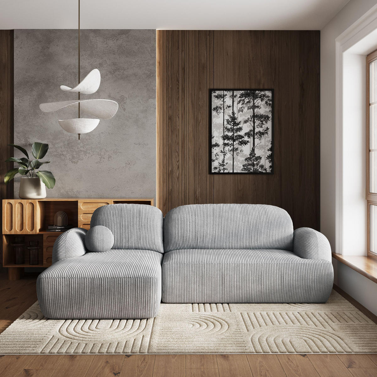 ECKSOFA MODENZA P L-S Hellgrau Kordstoff mit Schlaffunktion - Hellgrau/Schwarz, Holz/Kunststoff (266/148cm) - MASSENO