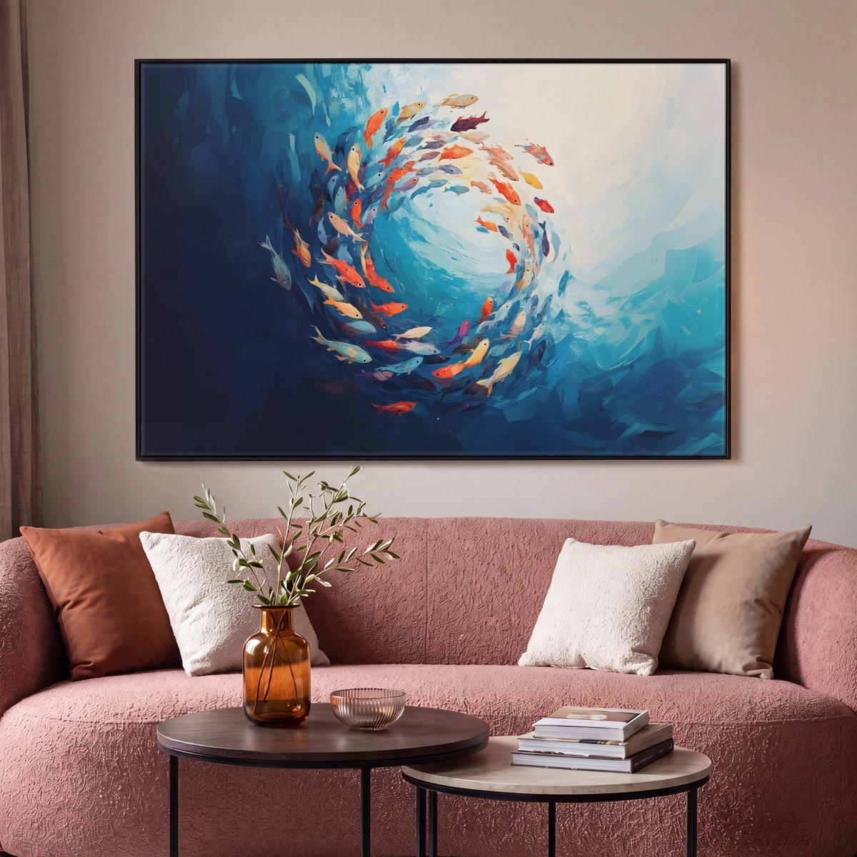 LEINWAND Bilder mit Rahmen - Meer - Fische - Bunt - Dynamisch - 150x100 - Hellblau, Textil (150/100cm) - MuchoWow