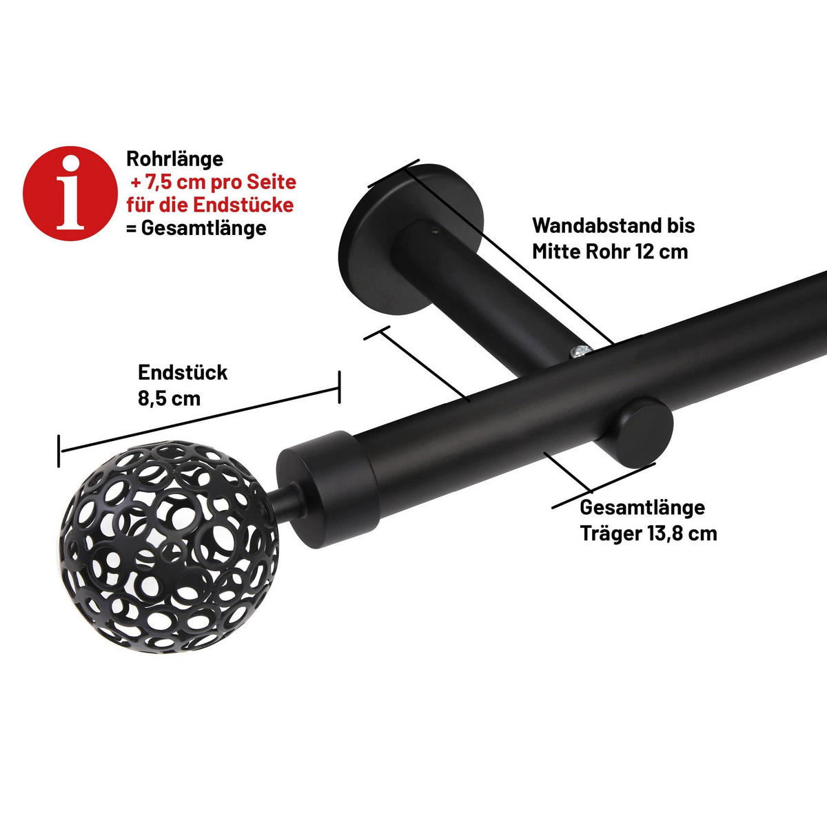 GARDINENSTANGE 1-Lauf Kugel - Schwarz, Metall (60cm) - Deco-Raum