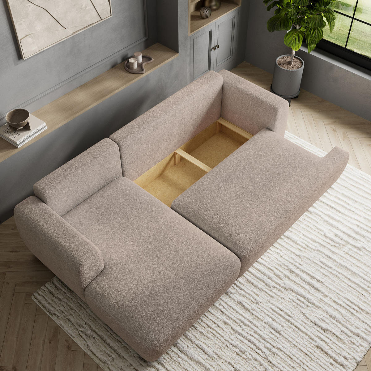 ECKSOFA SENTI N L-S Beige Boucle-Stoff mit Schlaffunktion - Beige, Holz (246/148cm) - MASSENO