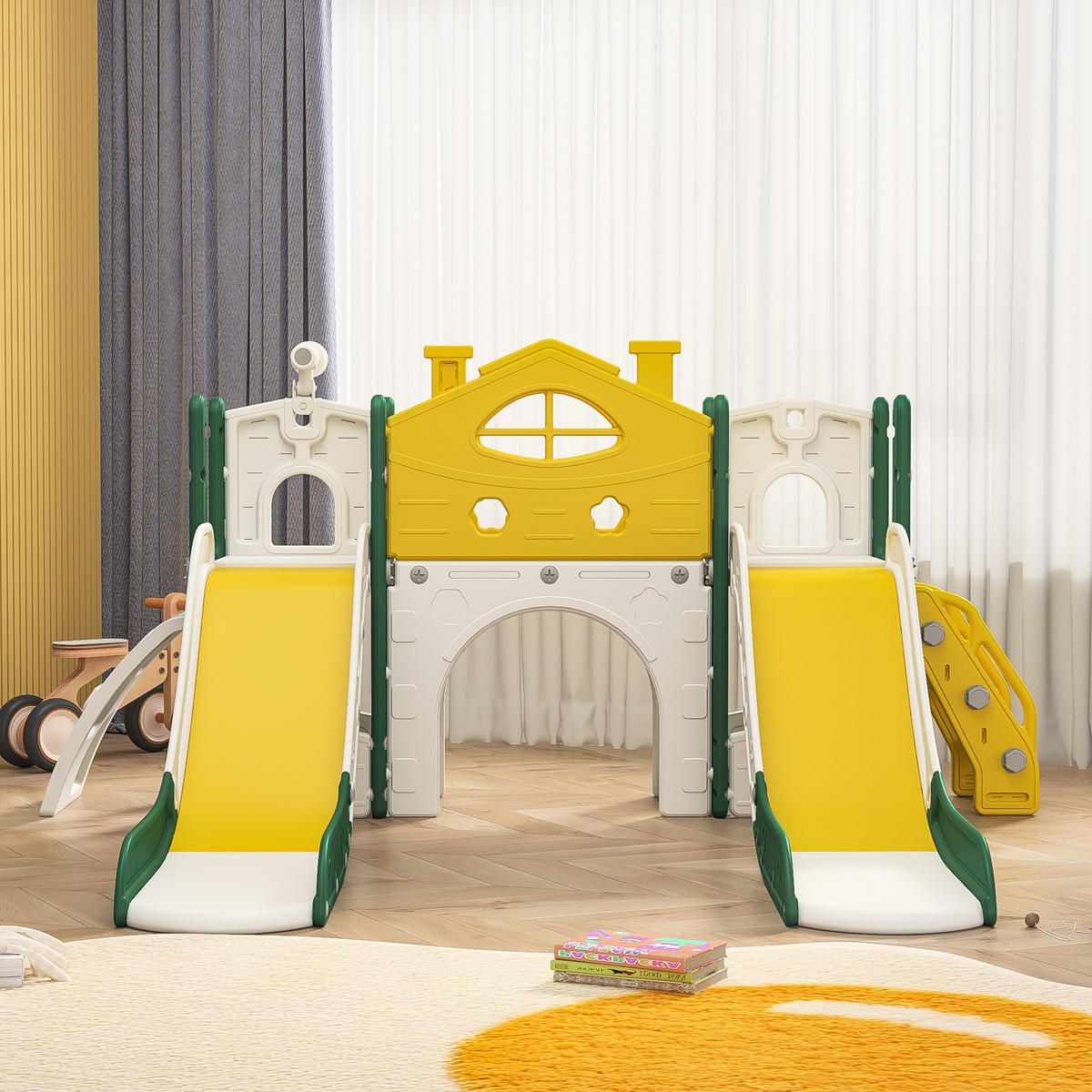 KLETTERGERÜST Indoor & Outdoor 7-in-1 – Gelb/Grün, Kinderrutsche mit Doppelrutsche & Piratenschiff-Design, Spielturm mit Kletterwand & Teleskop - Gelb, Kunststoff (203/95.5/166cm) - BursDany