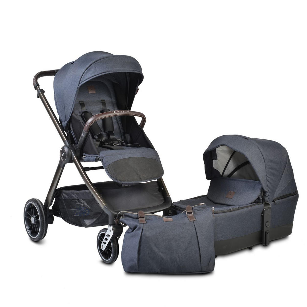 KOMBIKINDERWAGEN Macan 2 in 1 blau Babywanne Sportsitz Tasche PU-Räder Gurt - Blau, Metall (103/60/105cm) - Cangaroo