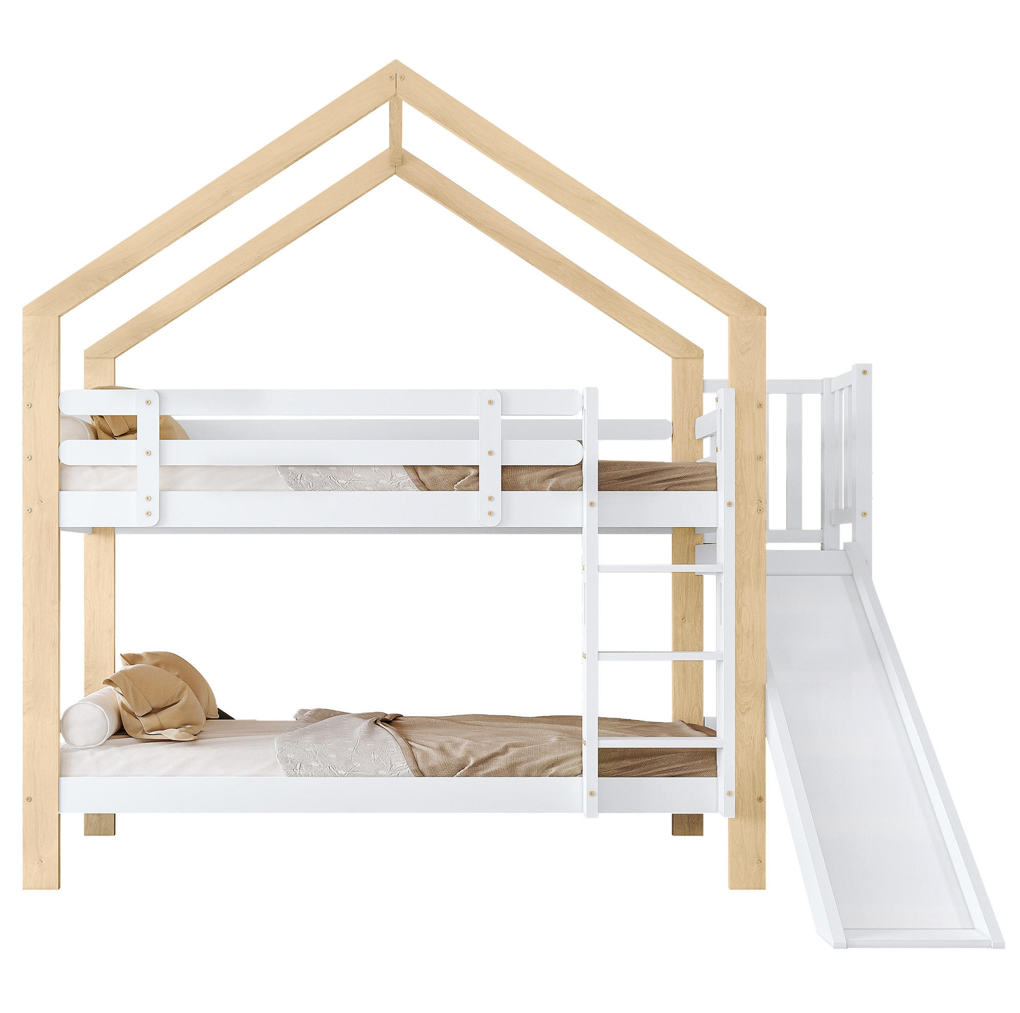 ETAGENBETT mit Rutsche und Leiter 90x200 cm Weiß/Natur - Weiß, Holzwerkstoff (90/200cm) - Beauniv