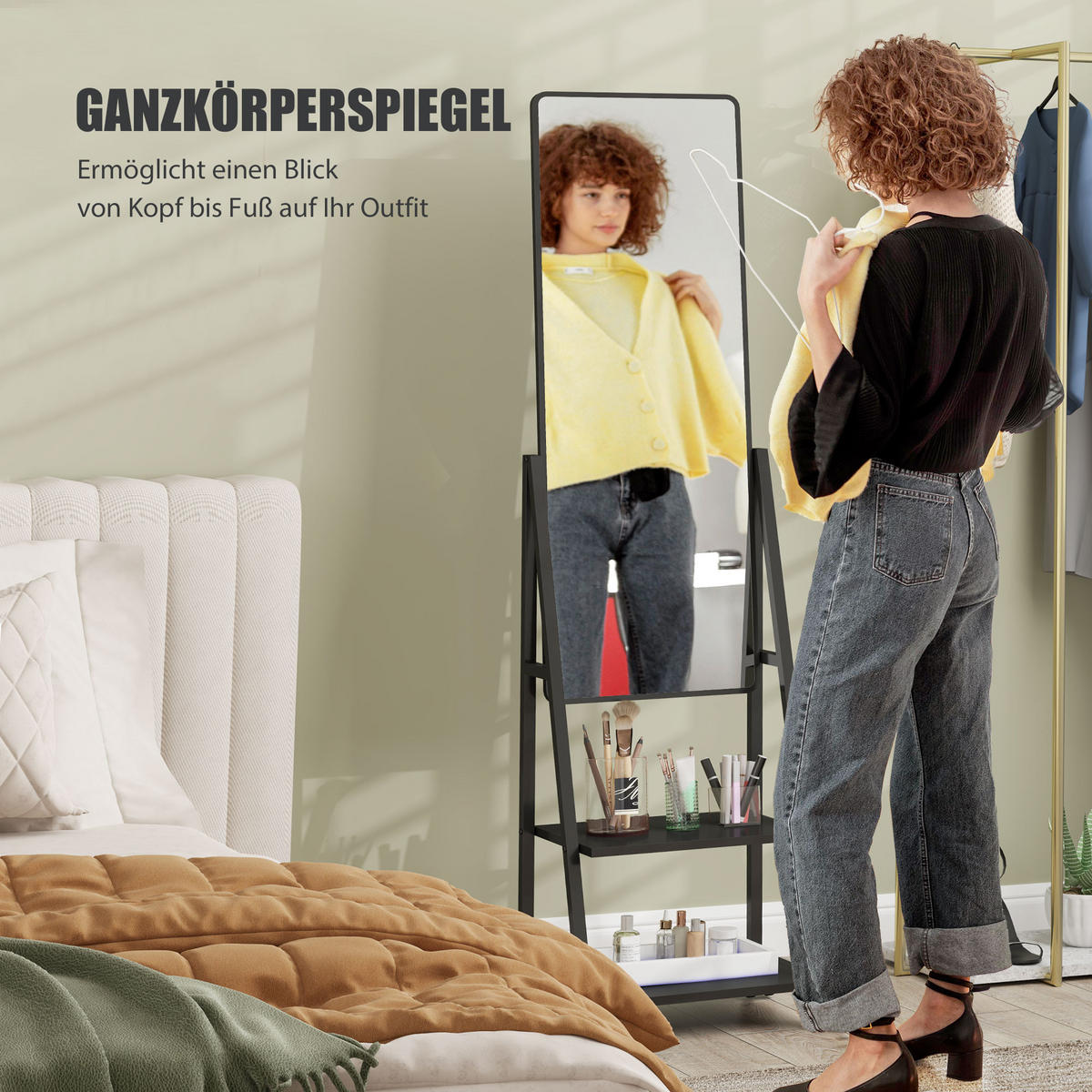 GANZKÖRPERSPIEGEL, 42 x 155 cm Standspiegel mit Ablage, Schwarz - Schwarz, Metall (42/155/37cm) - HOMCOM