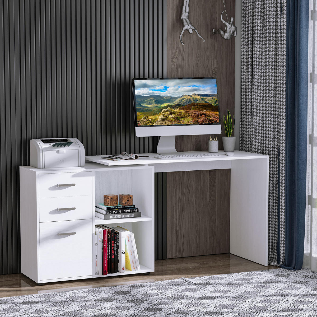 ECKSCHREIBTISCH Weiß modulierbar mit 3 Schubladen und 2 Fächern 162/50/76 cm - Weiß, Holz (50/162/76cm) - PANGIVO