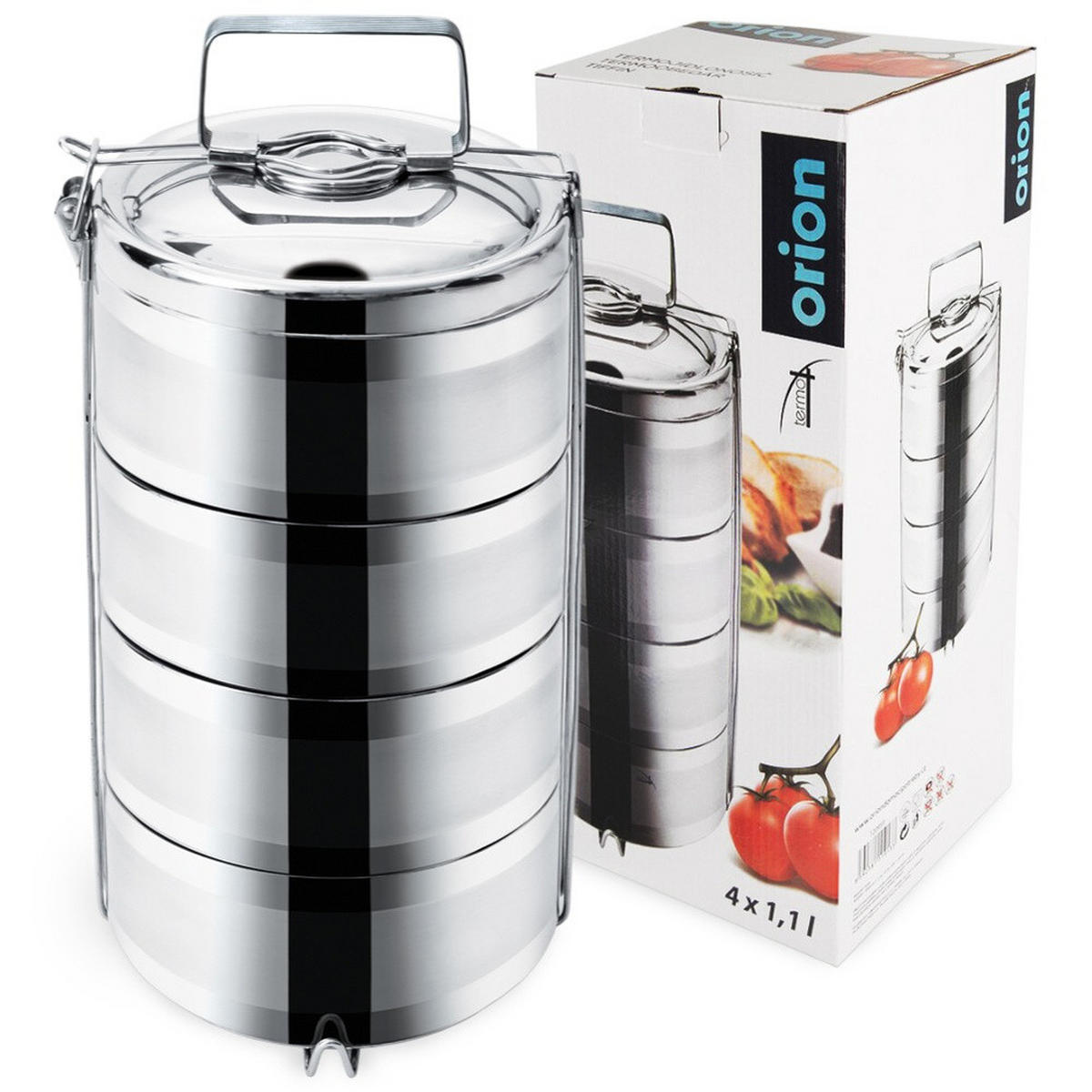 THERMISCHE LUNCHBOX aus Stahl 4-stöckig 4 x 1,1 l - Silberfarben, Metall (16/36/16cm) - Orion 
