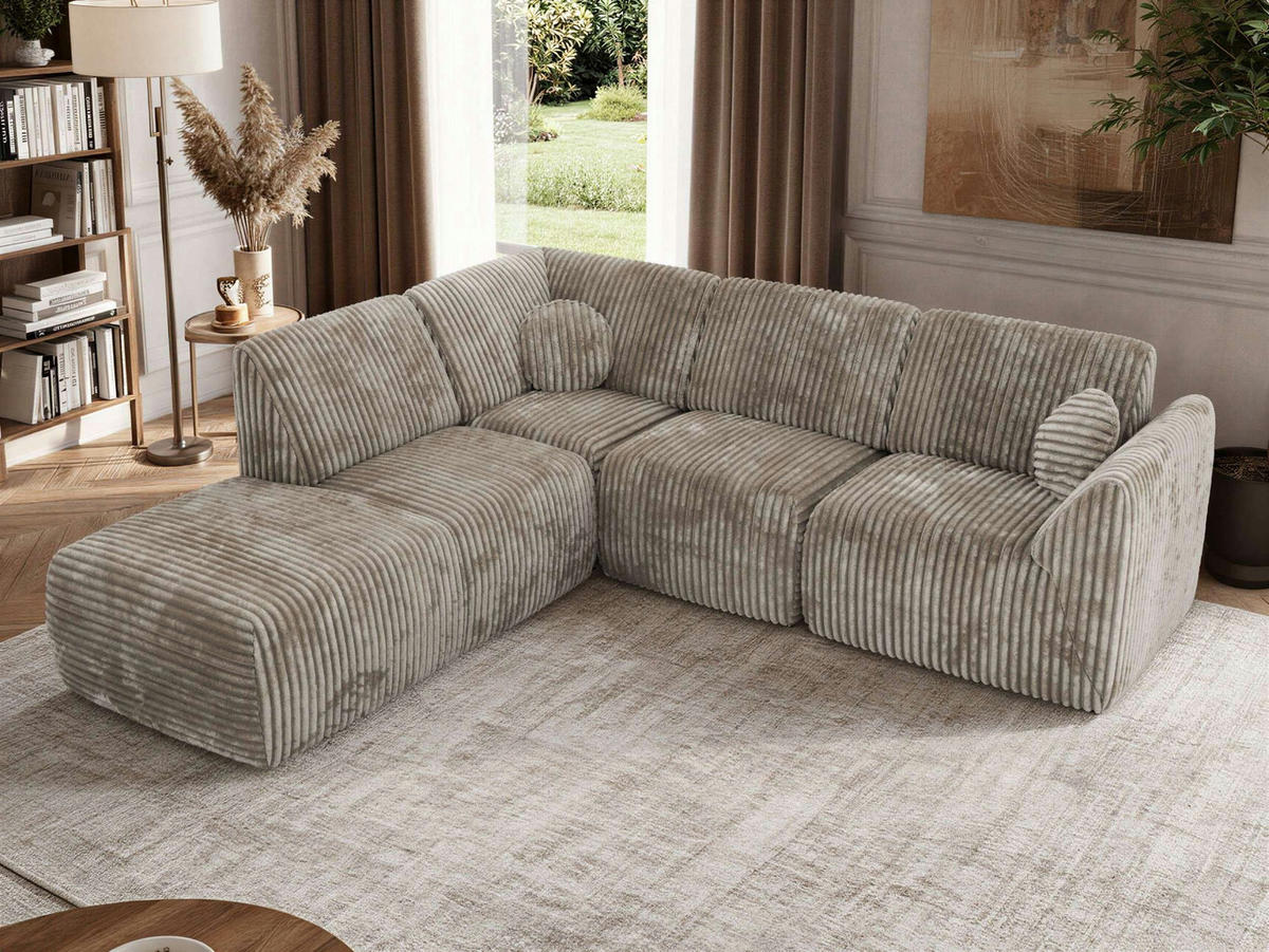 ECKSOFA NOARA 5M L Hellbraun Cord - Links - Hellbraun/Schwarz, Kunststoff/Textil (244/267cm) - MKS