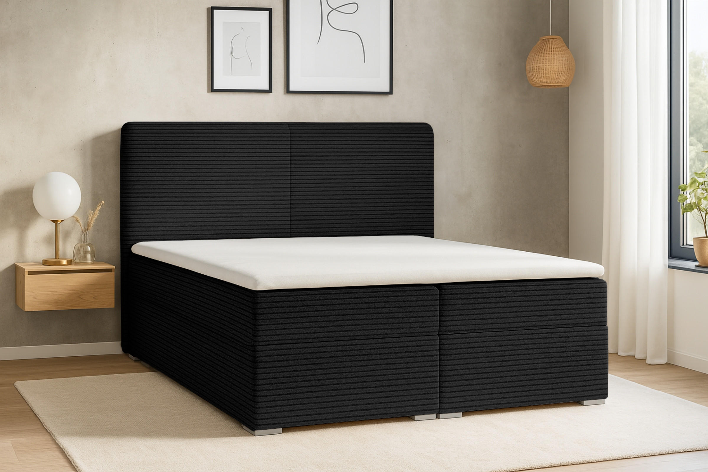 BOXBETT LOFT III 180/200 Cord Schwarz mit Taschen-Federkernmatratzen 7 Zonen H4 - Schwarz, Holz/Holzwerkstoff (180/200cm) - Deine Möbel 24